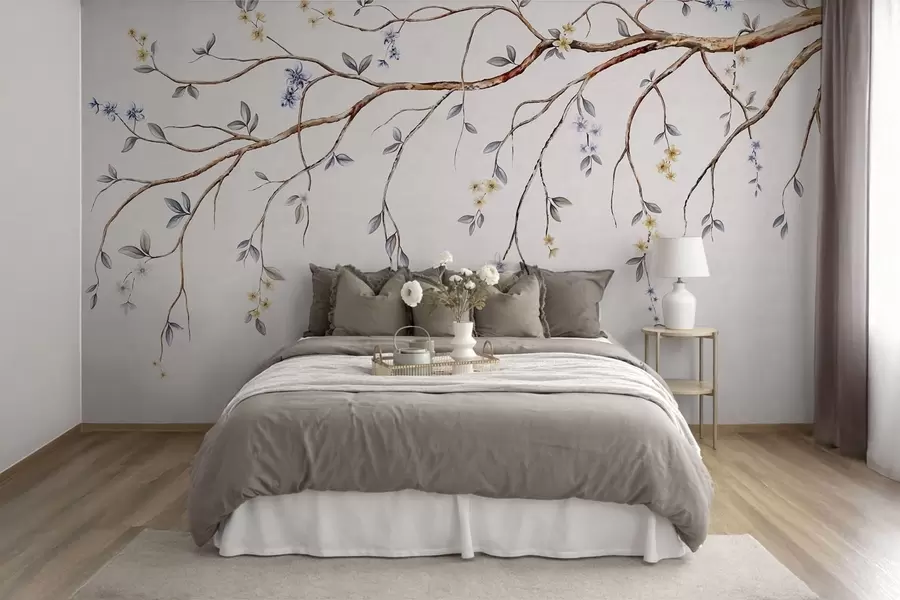 carta da parati Rami sottili con piccoli fiori su sfondo chiaro nr. w05145