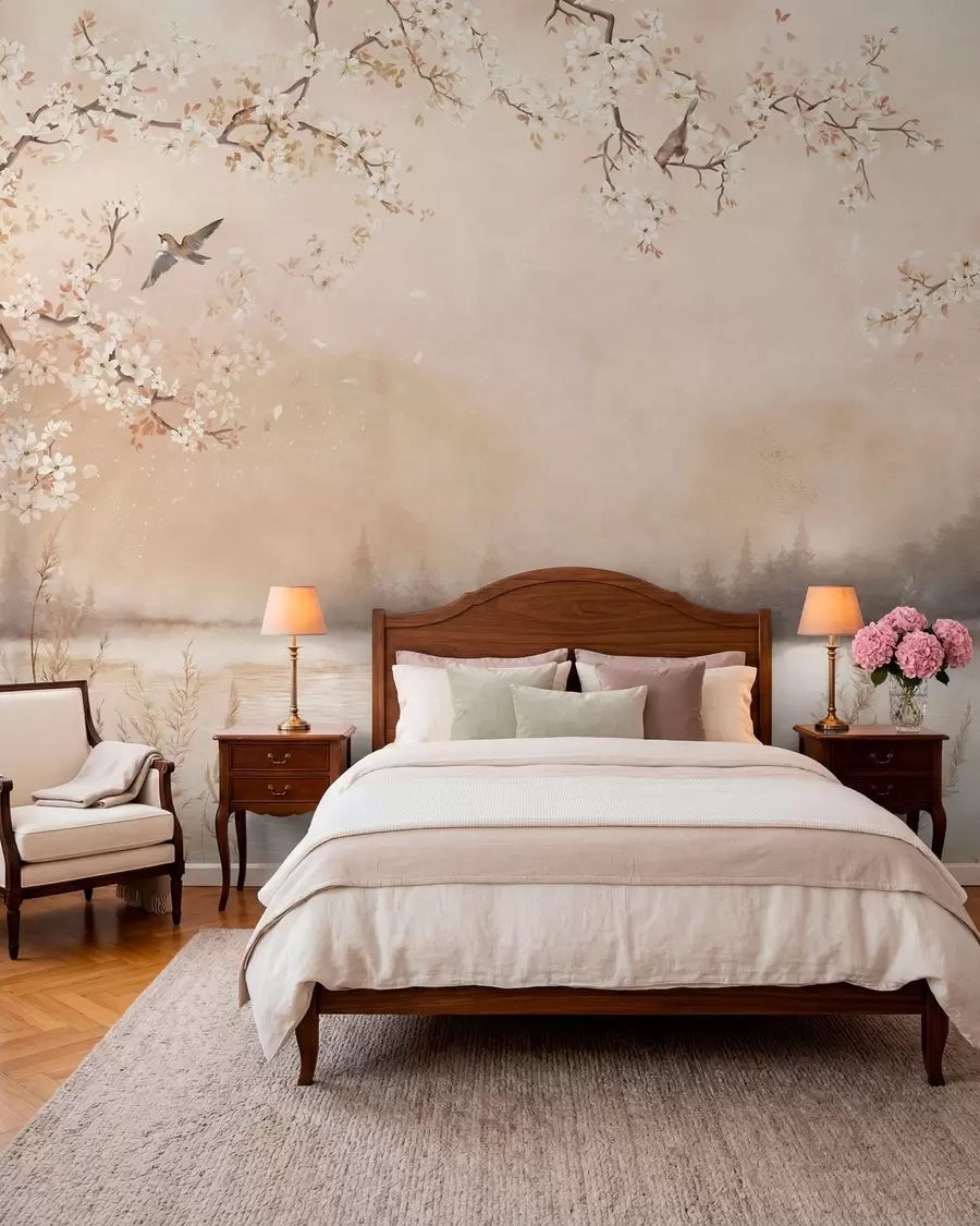 carta da parati Delicati rami in fiore in riva al lago con uccelli nella leggera nebbiolina nr. w05155