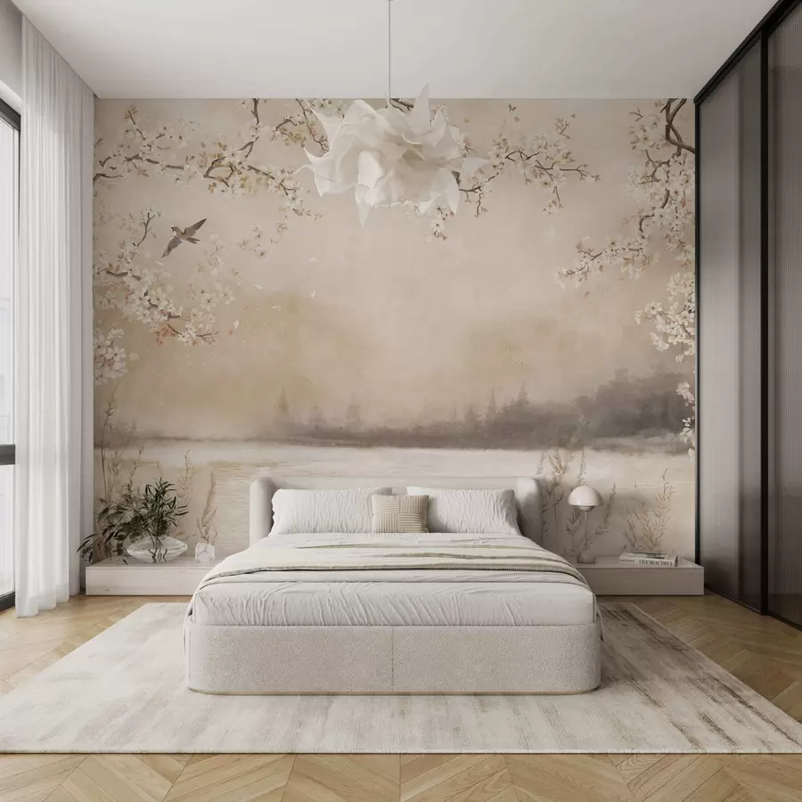carta da parati Delicati rami in fiore in riva al lago con uccelli nella leggera nebbiolina nr. w05155