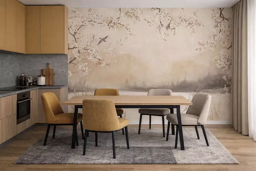 carta da parati Delicati rami in fiore in riva al lago con uccelli nella leggera nebbiolina nr. w05155