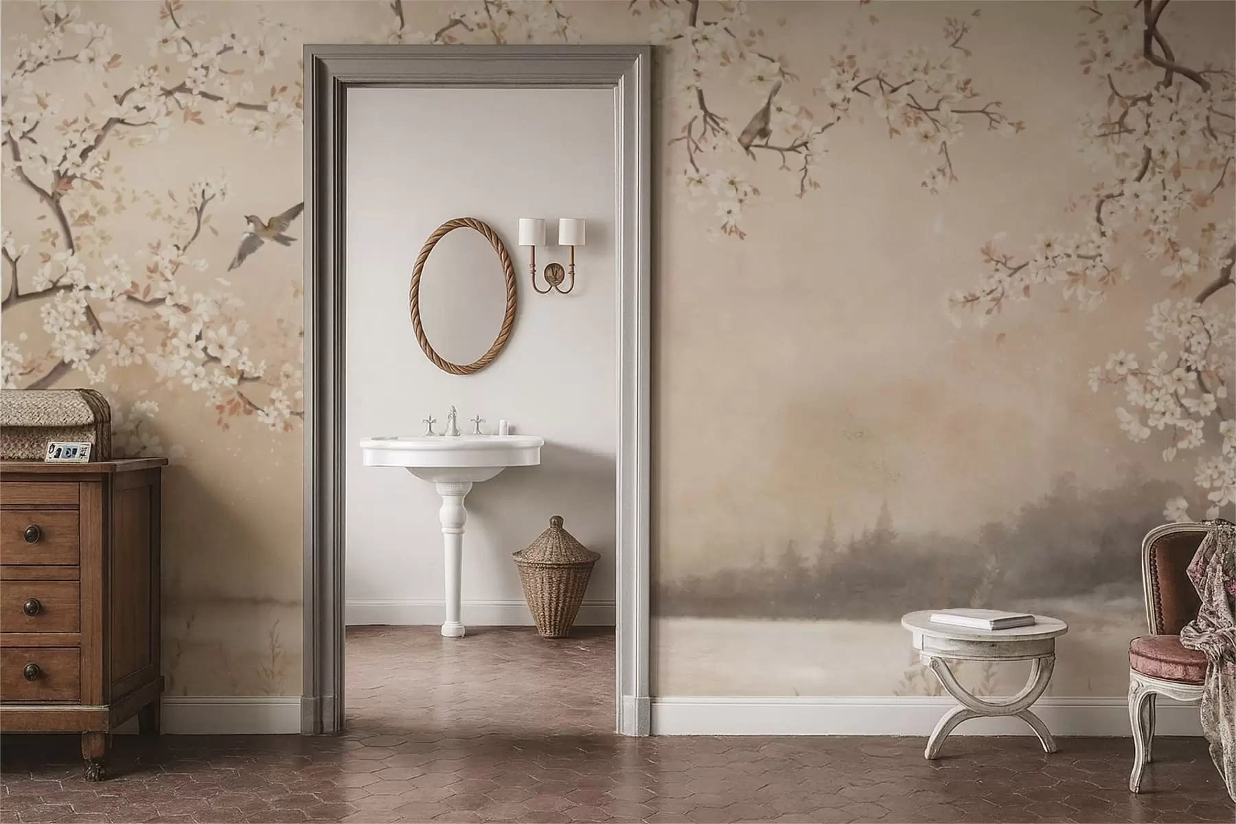 carta da parati Delicati rami in fiore in riva al lago con uccelli nella leggera nebbiolina nr. w05155