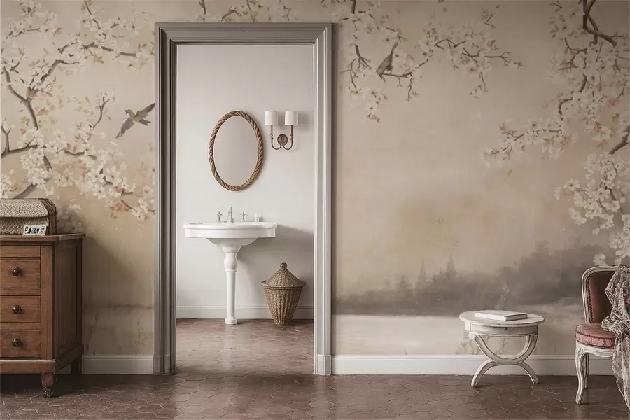 carta da parati Delicati rami in fiore in riva al lago con uccelli nella leggera nebbiolina nr. w05155