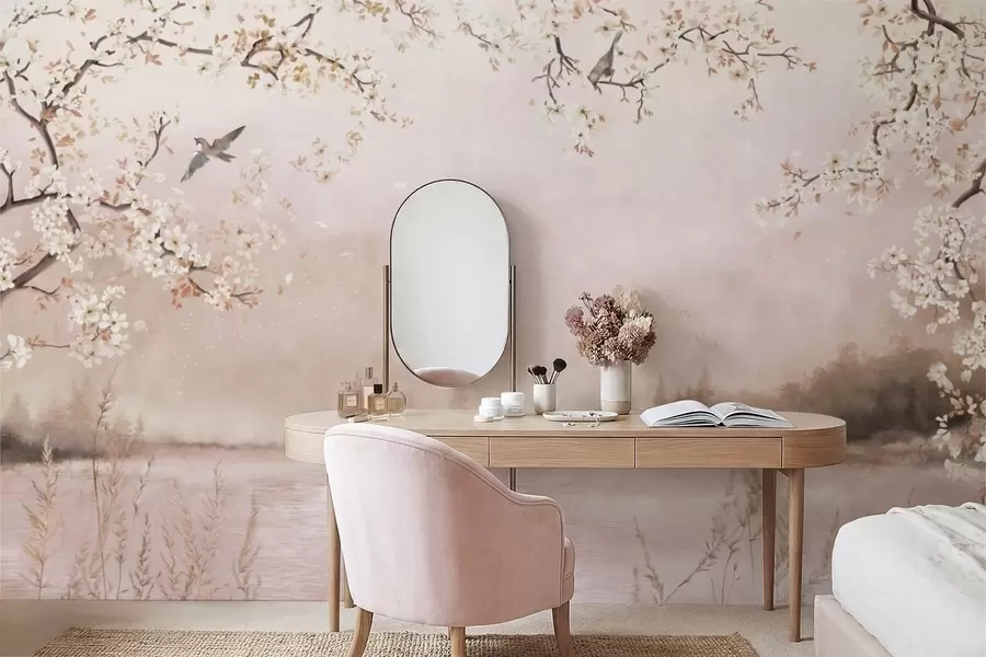 carta da parati Rami in fiore sopra un lago tranquillo con uccelli nella nebbia nr. w05155v1