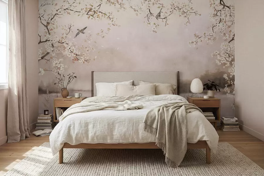 carta da parati Rami in fiore sopra un lago tranquillo con uccelli nella nebbia nr. w05155v1