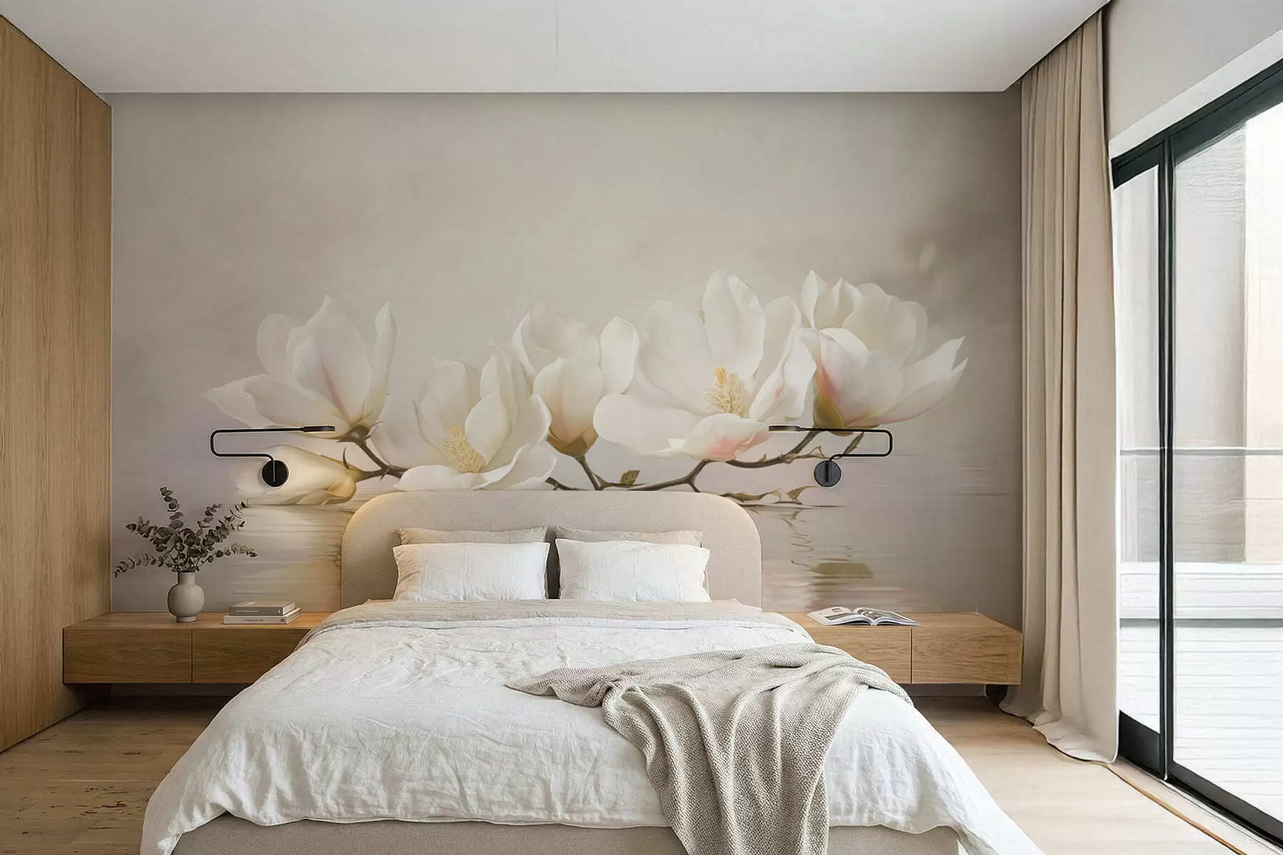 Carta da parati Floreale Leggeri fiori di magnolia su un ramo sopra il riflesso dell'acqua n. w05353