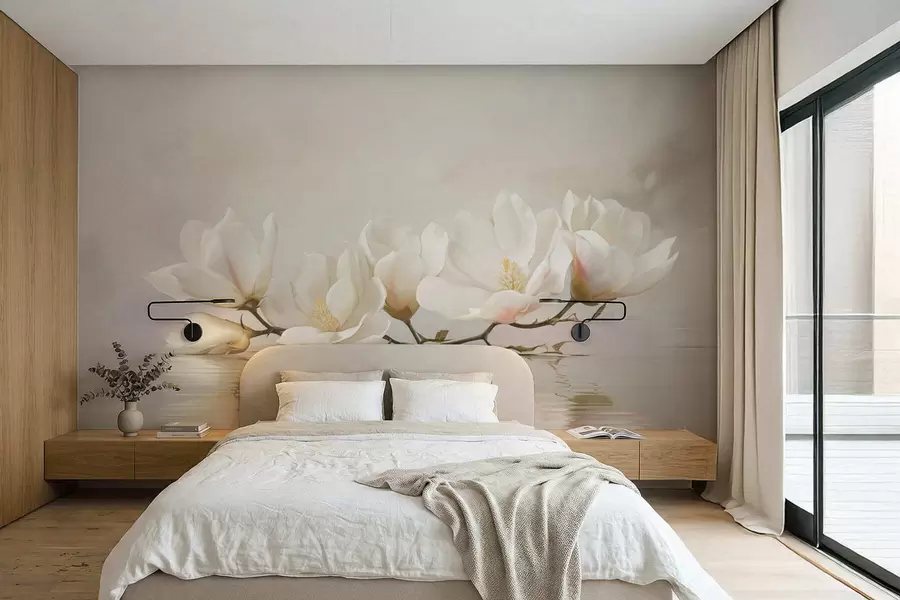 Carta da parati Floreale Leggeri fiori di magnolia su un ramo sopra il riflesso dell'acqua n. w05353