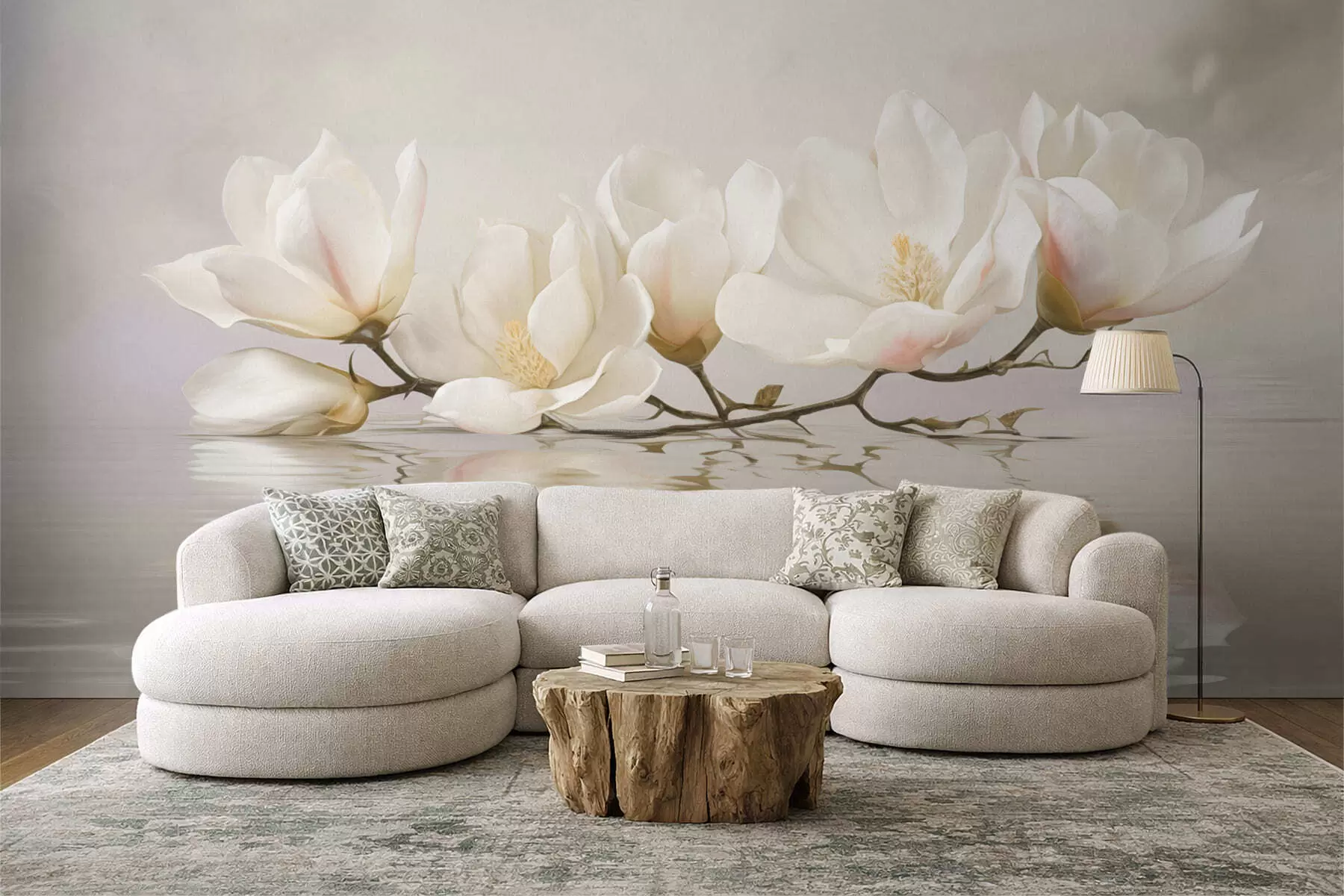 Carta da parati Floreale Leggeri fiori di magnolia su un ramo sopra il riflesso dell'acqua n. w05353