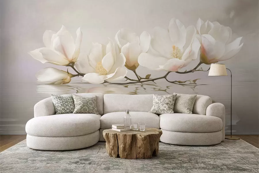 Carta da parati Floreale Leggeri fiori di magnolia su un ramo sopra il riflesso dell'acqua n. w05353