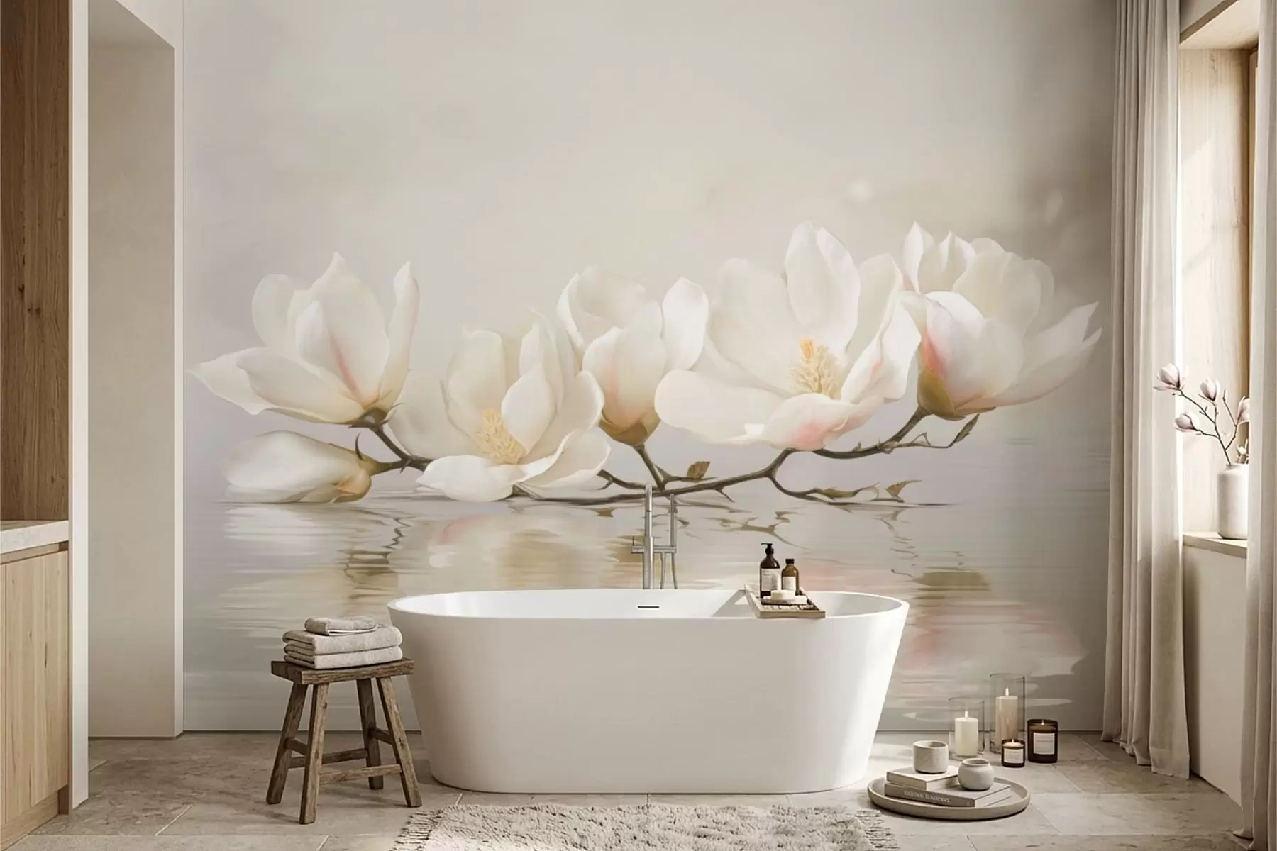 Carta da parati Floreale Leggeri fiori di magnolia su un ramo sopra il riflesso dell'acqua n. w05353