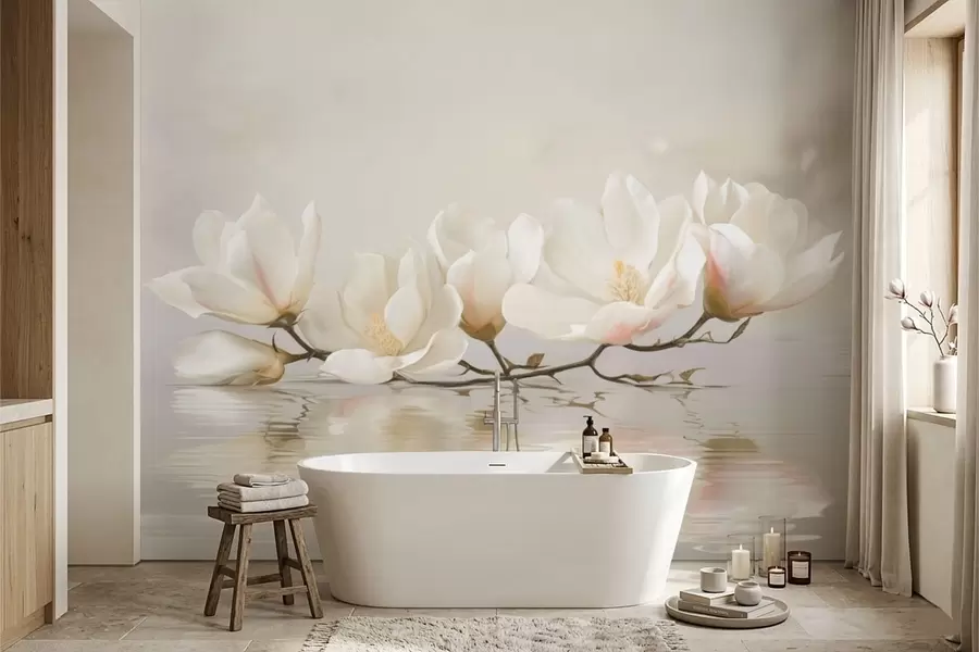Carta da parati Floreale Leggeri fiori di magnolia su un ramo sopra il riflesso dell'acqua n. w05353