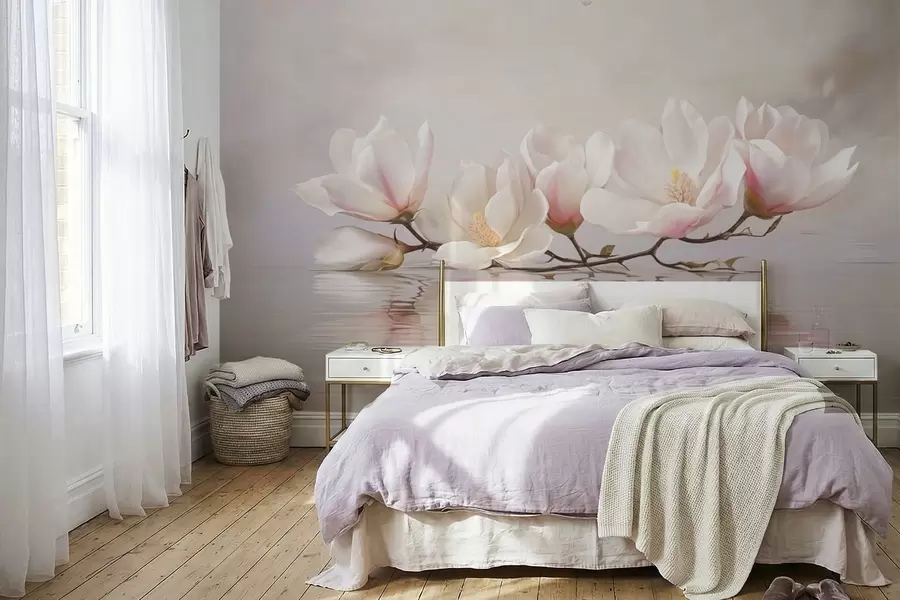 Carta da parati Floreale Ramo di magnolia con fiori sopra il riflesso dell'acqua calma n. w05353v1