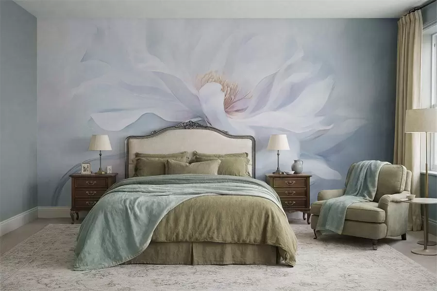 Carta da parati Floreale Fiore bianco morbido con petali fluenti su sfondo blu n. w05354