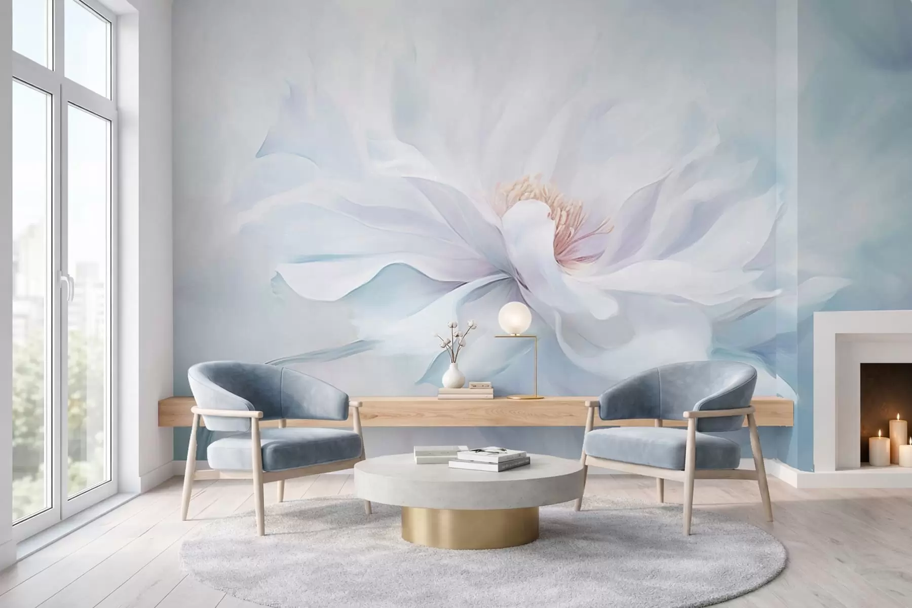 Carta da parati Floreale Fiore bianco morbido con petali fluenti su sfondo blu n. w05354