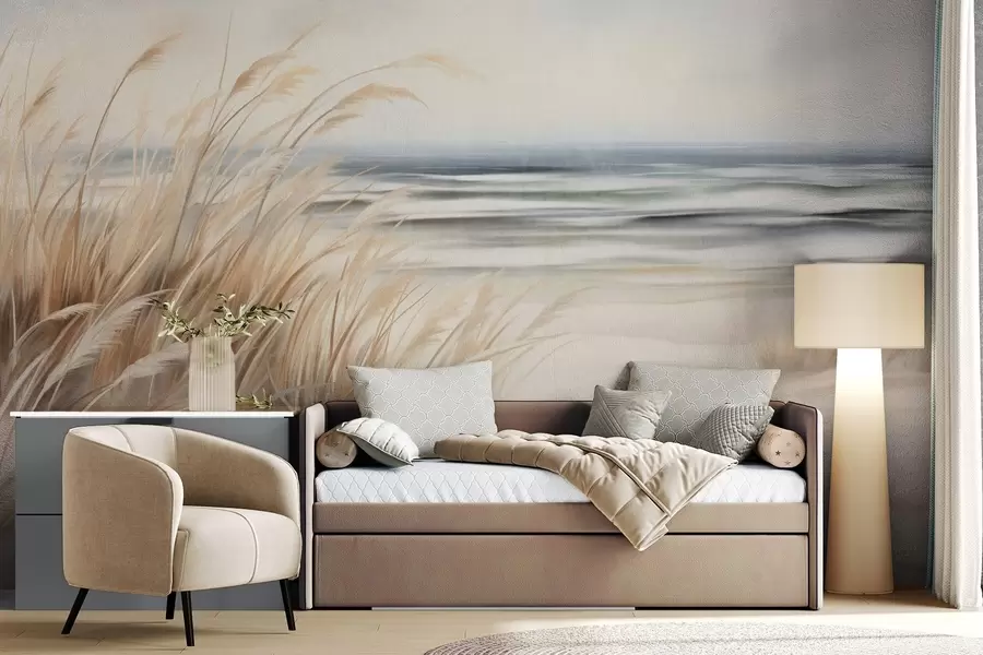 Carta da parati nature Paesaggio strutturato con erba secca su una spiaggia sabbiosa, con l'oceano e il cielo sullo sfondo 