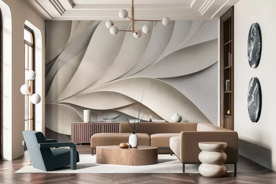 Carta da parati 3D Foglie astratte in beige e grigio, arte moderna materica 