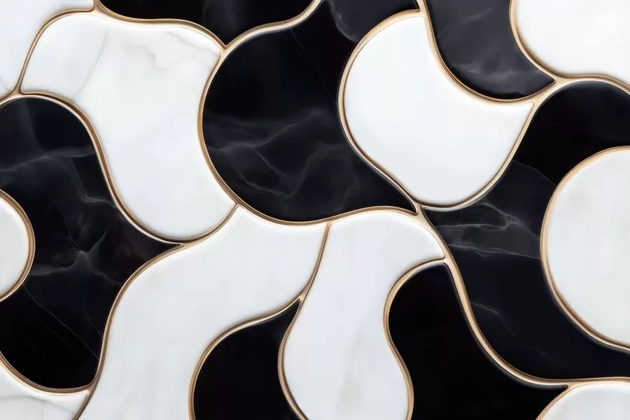 carta da parati Raffigurazione astratta di una composizione marmorea nei toni del bianco e nero con linee gialle nr. w09733