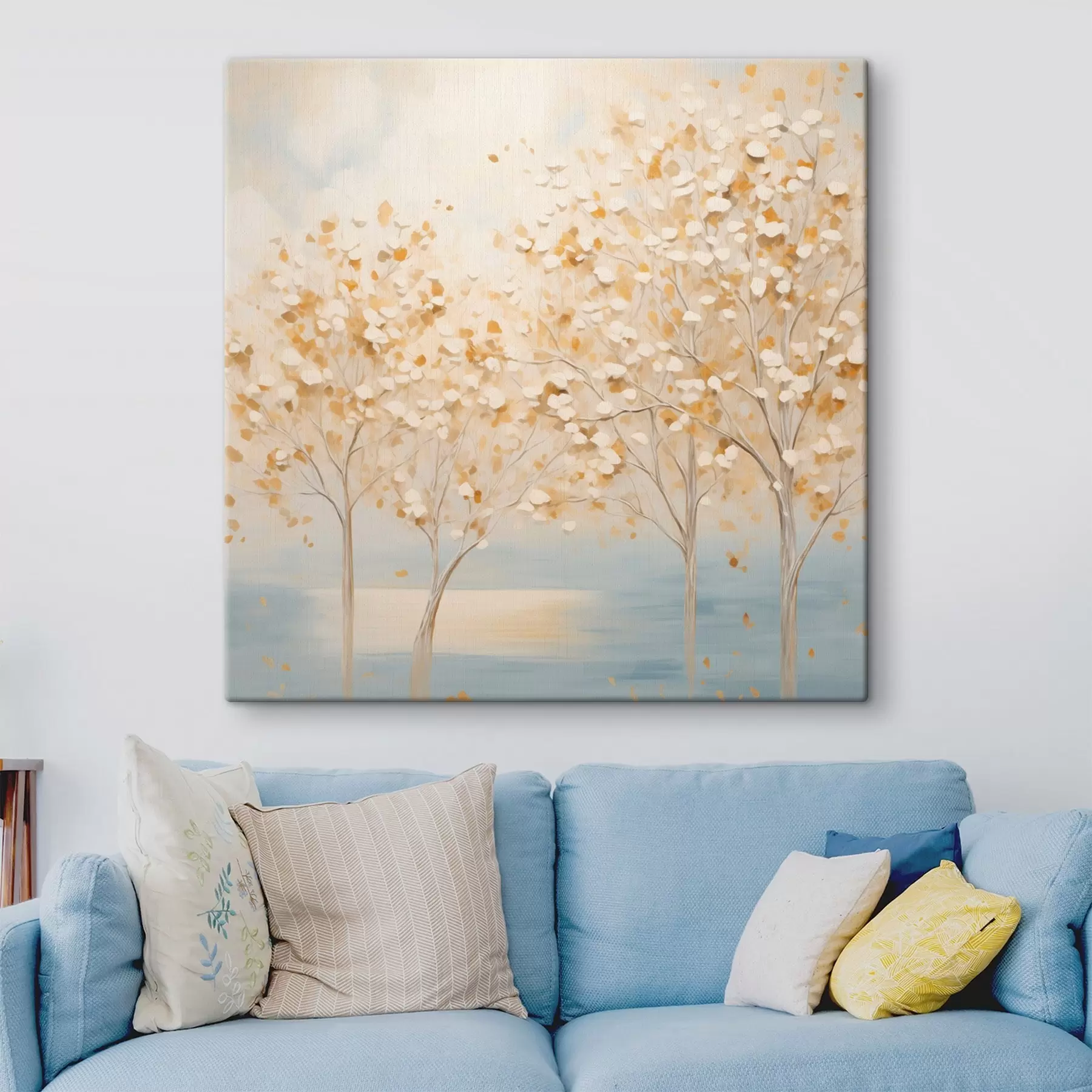 carta da parati Uno stile pittorico materico che raffigura alberi con foglie bianche e gialle su uno sfondo azzurro nr. s48392