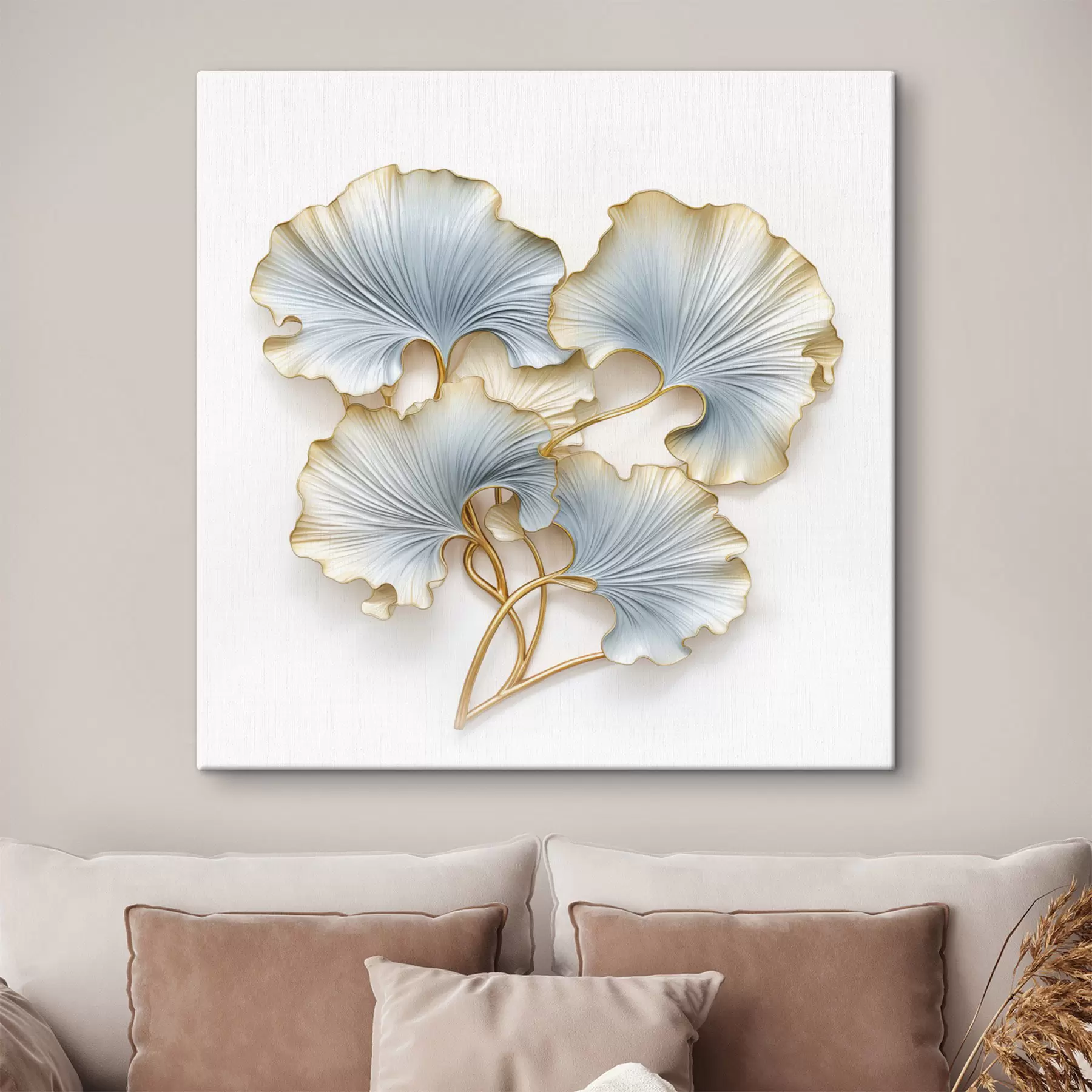 carta da parati Foglie di ginkgo stilizzate con tocchi di blu e giallo nr. s48397
