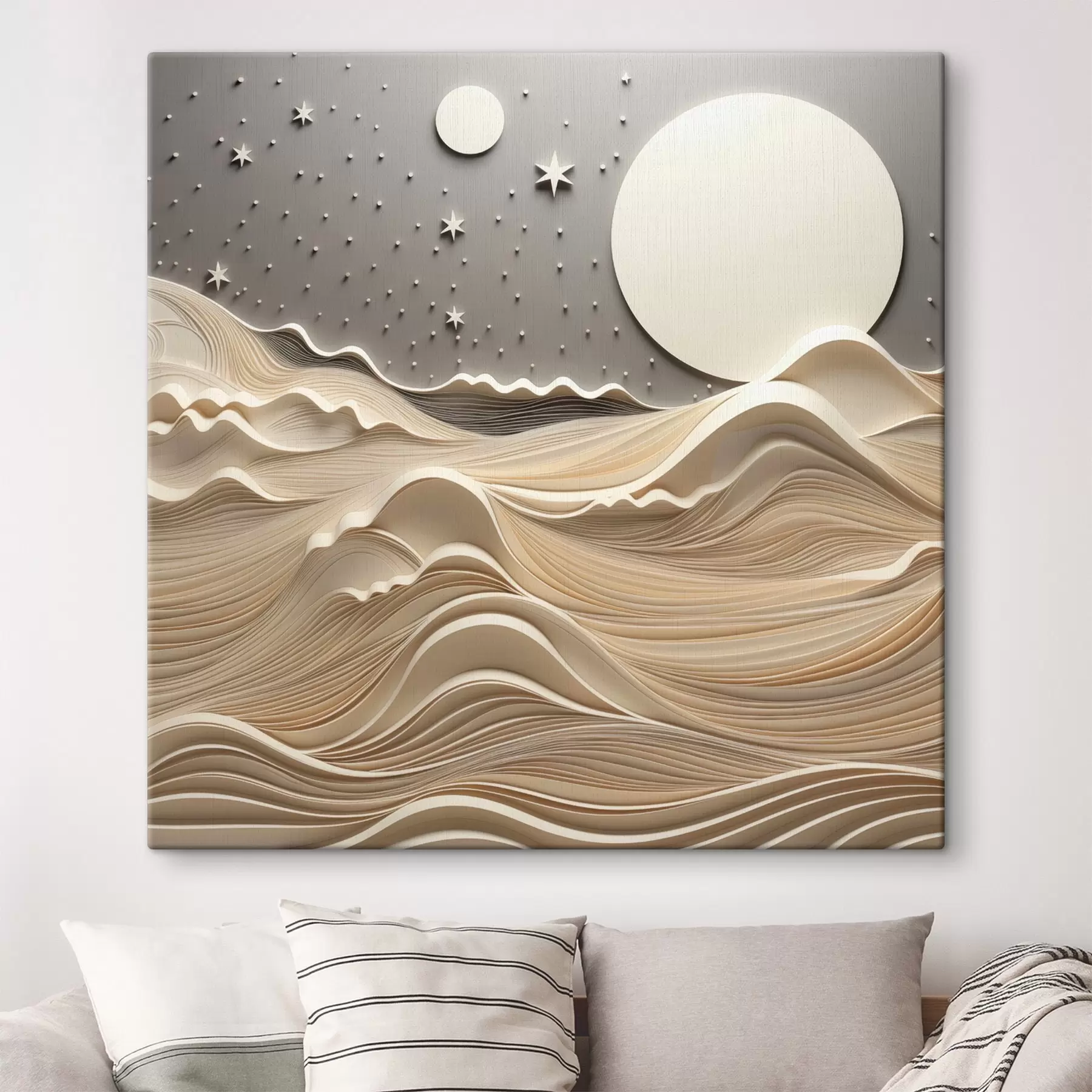 carta da parati Un paesaggio minimalista e stilizzato con dolci colline e una grande luna in un cielo stellato, arte astratta nr. s48401