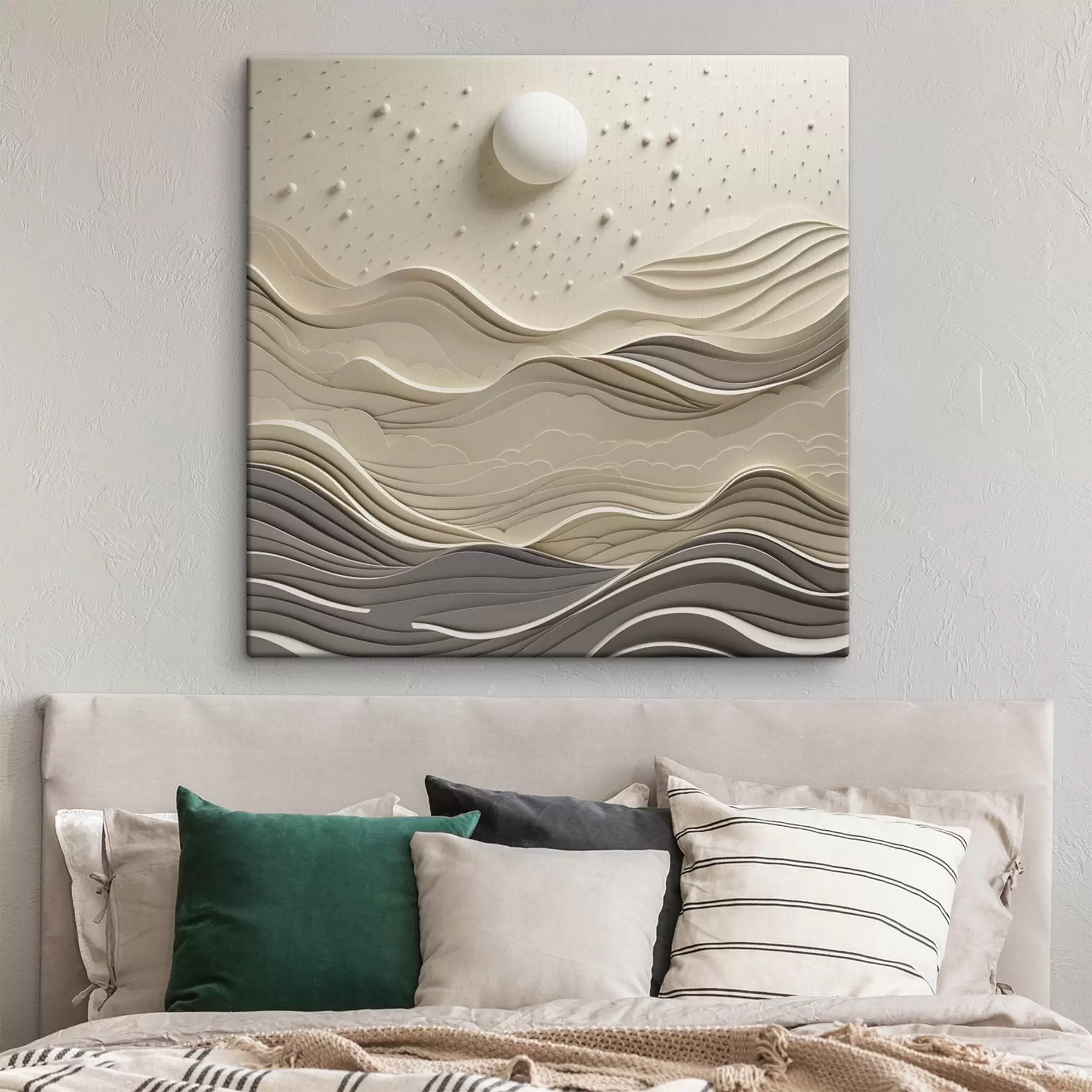 carta da parati Un paesaggio minimalista e stilizzato con dolci colline e una grande luna in un cielo stellato, arte astratta nr. s48402