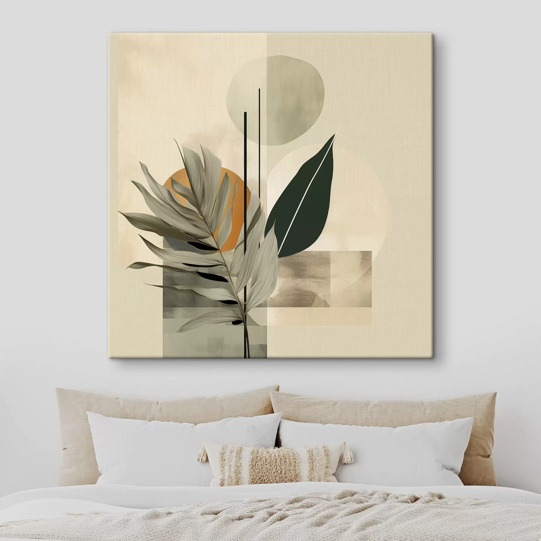 carta da parati Una pianta di colore verde scuro con forme geometriche astratte e texture acquerellate nei toni del beige e del verde nr. s48410