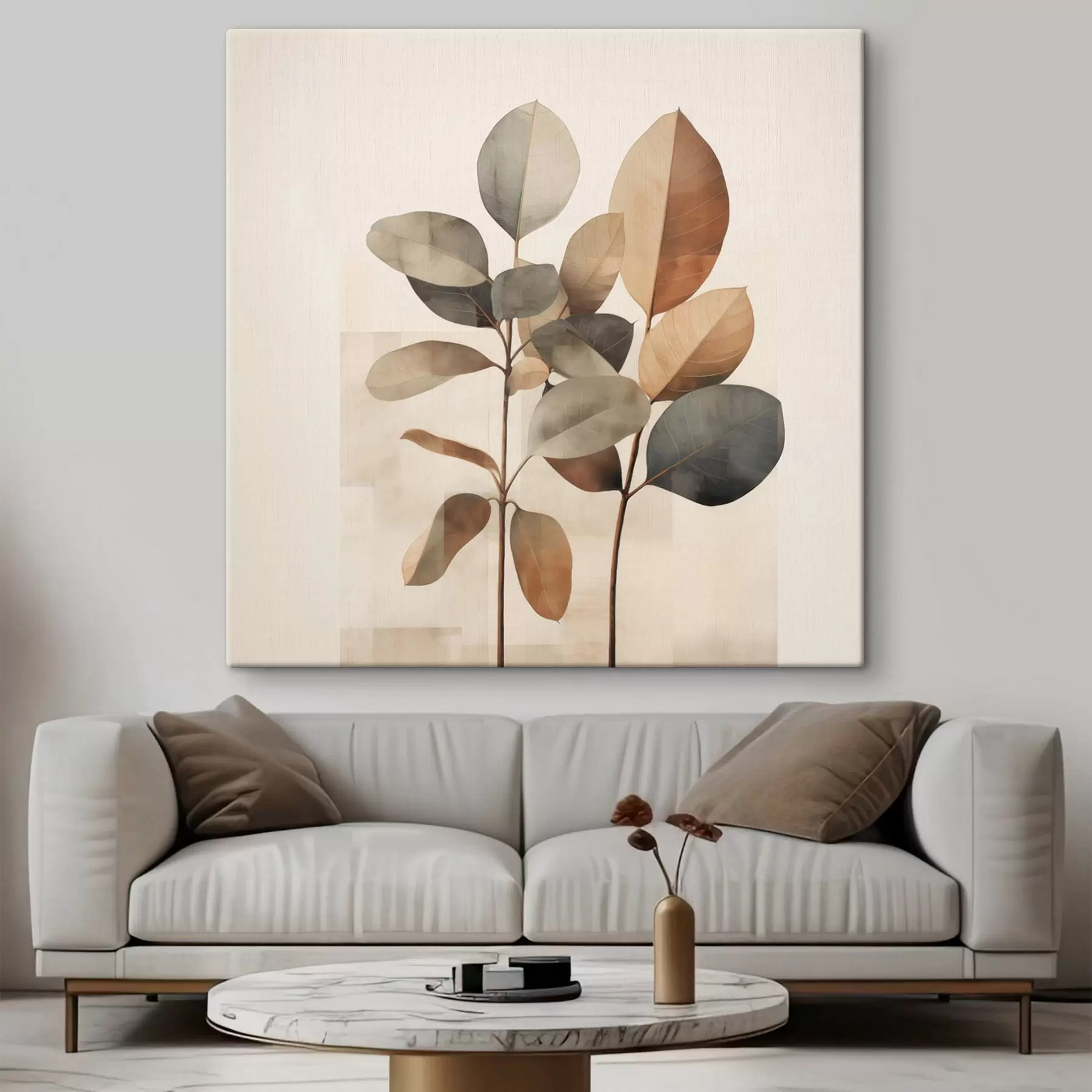 carta da parati Piante alte con foglie ovali dai toni tenui e forme rettangolari astratte nr. s48413