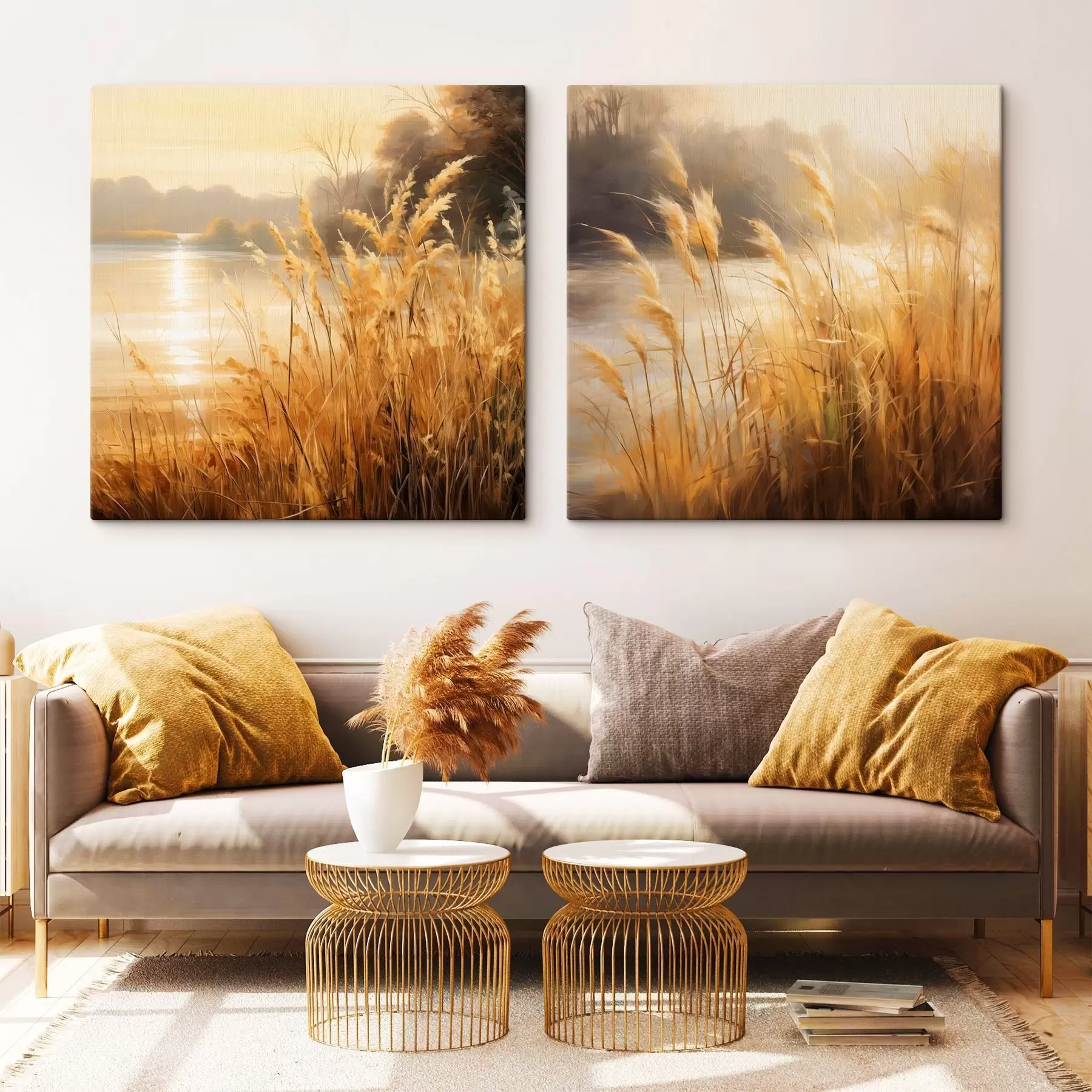 carta da parati In primo piano, erba alta e secca con spighette; sullo sfondo, un lago e degli alberi nr. m30201