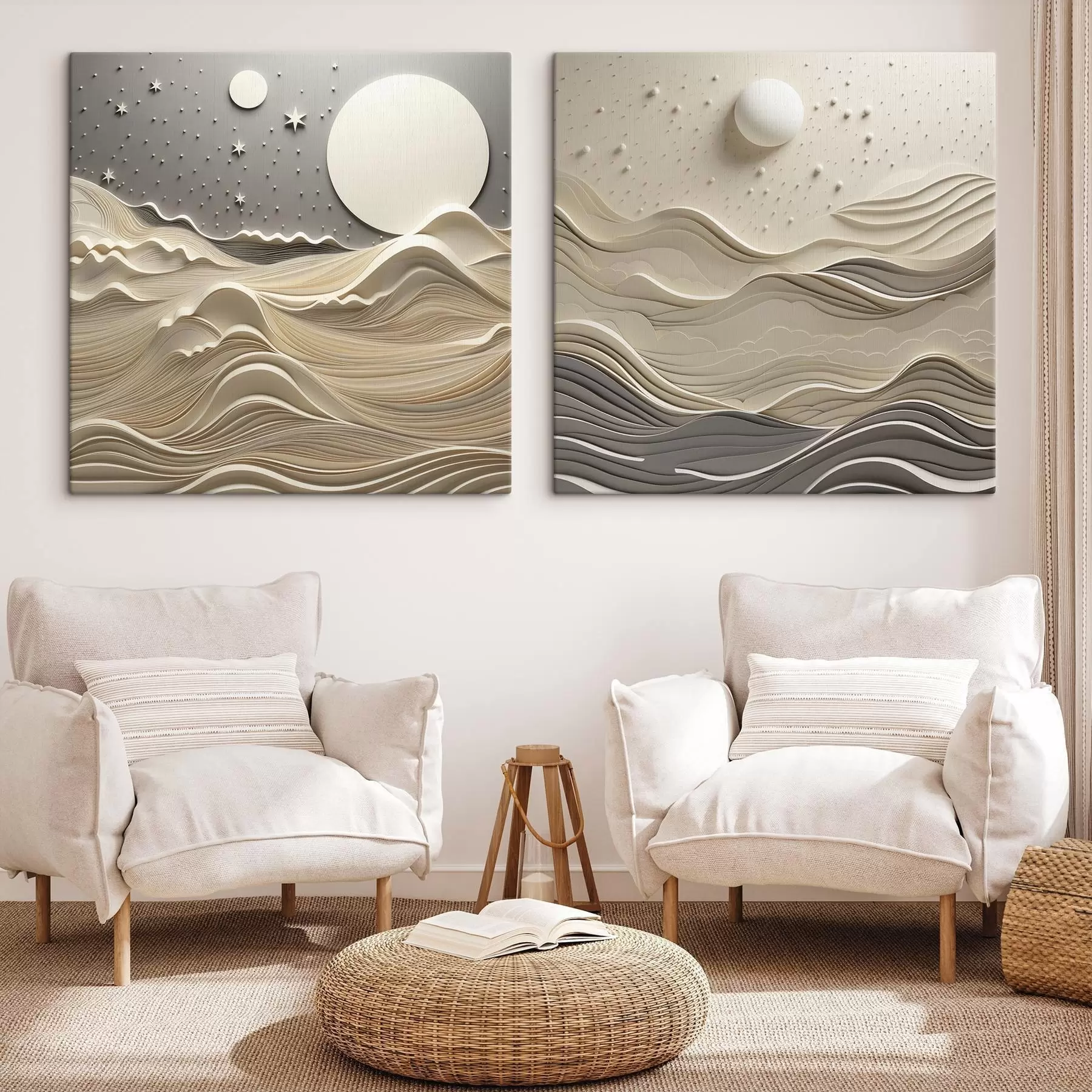 carta da parati Un paesaggio minimalista e stilizzato con dolci colline e una grande luna in un cielo stellato, arte astratta nr. m30205