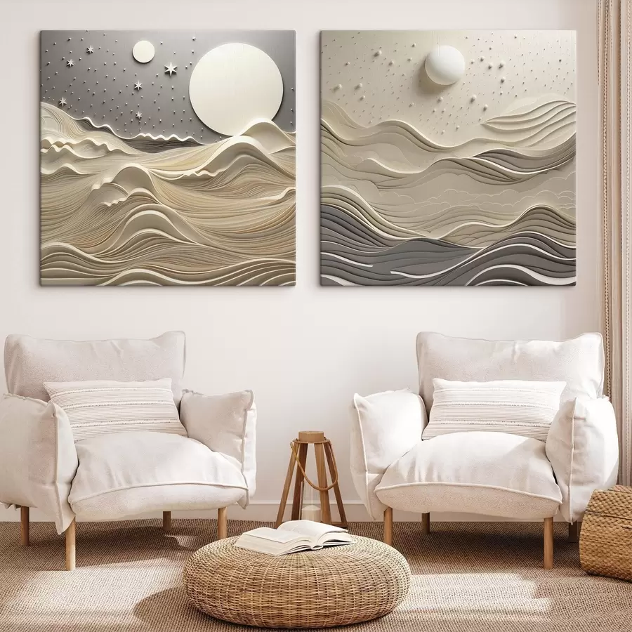 carta da parati Un paesaggio minimalista e stilizzato con dolci colline e una grande luna in un cielo stellato, arte astratta nr. m30205