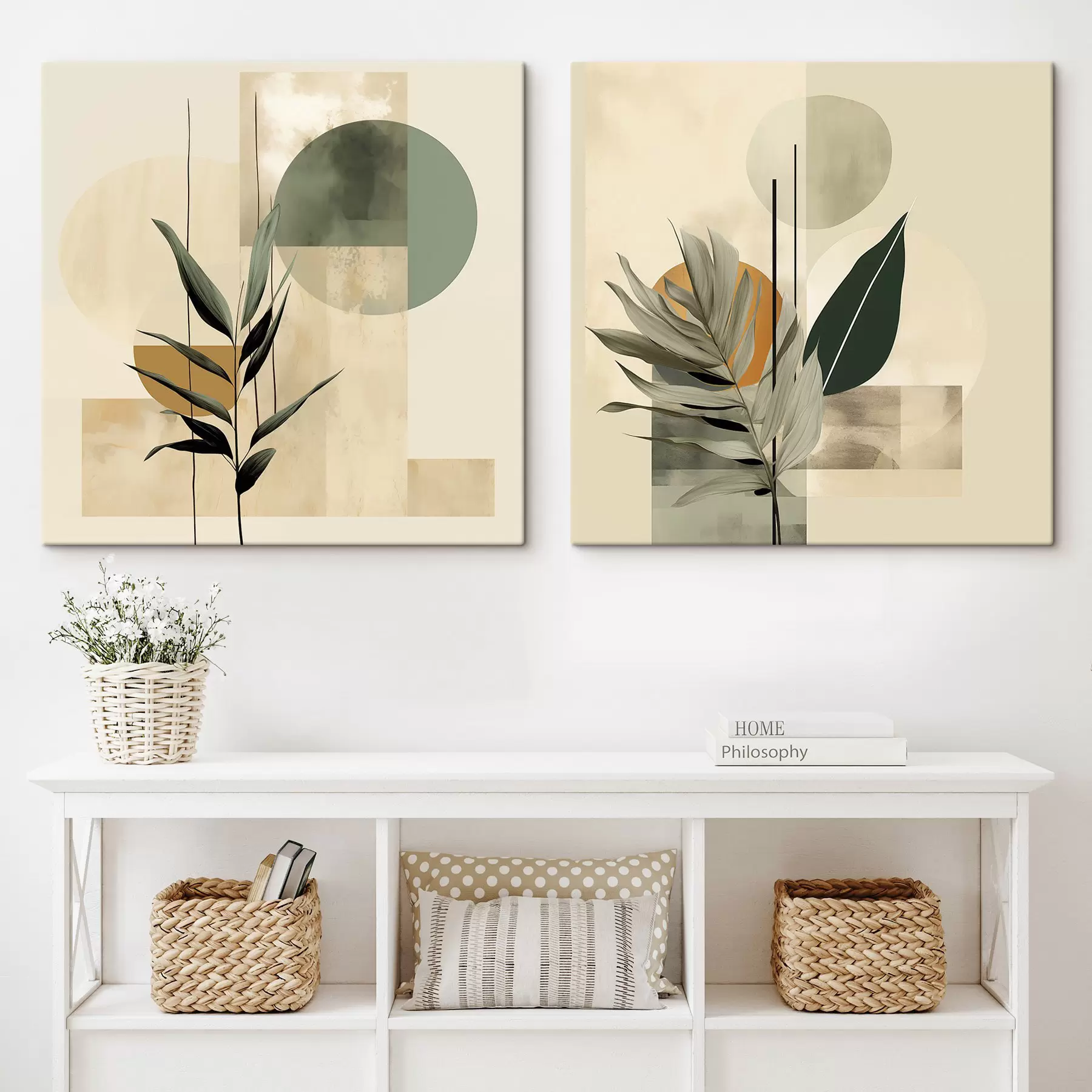 carta da parati Una pianta di colore verde scuro con forme geometriche astratte e texture acquerellate nei toni del beige e del verde nr. m30209