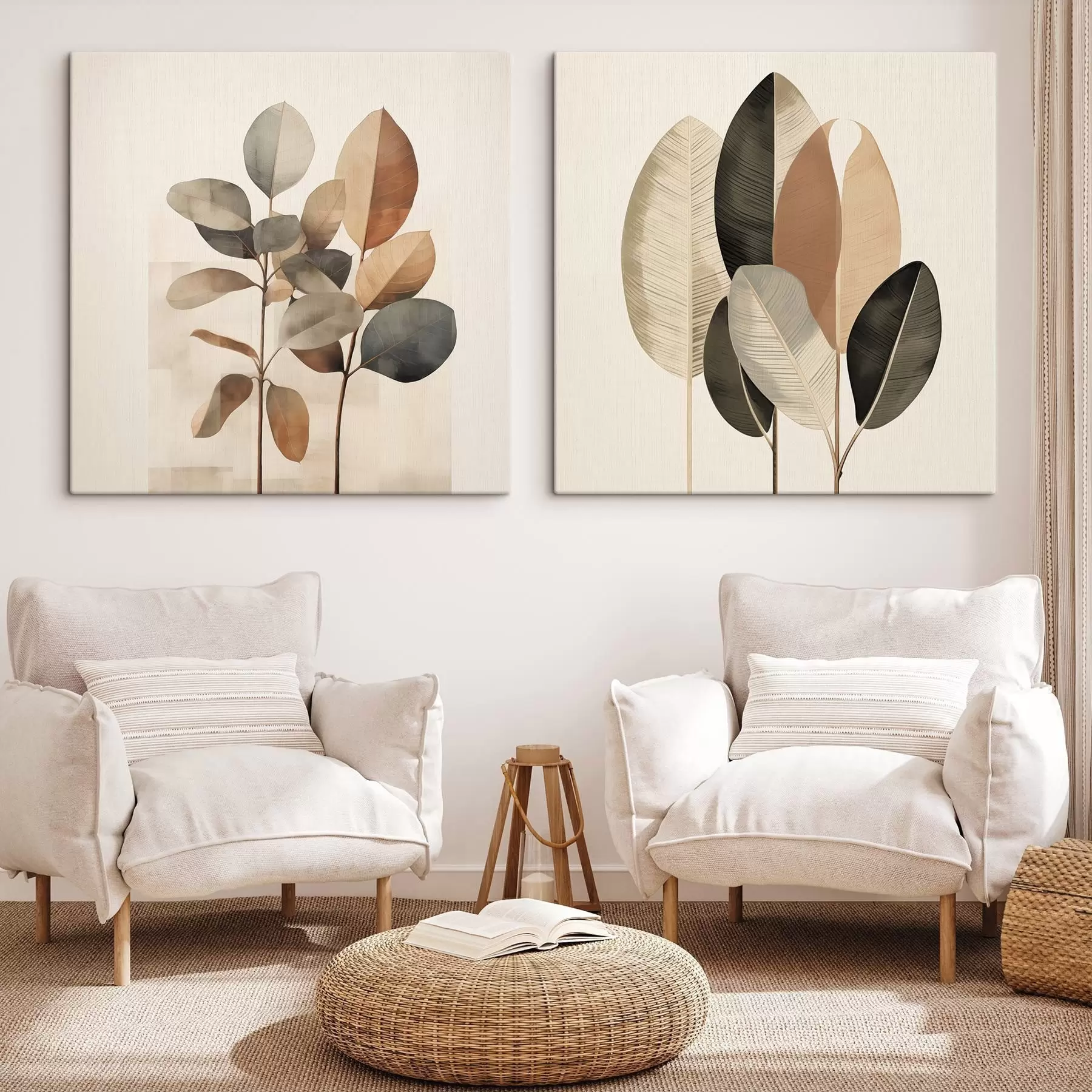 carta da parati Piante alte con foglie ovali dai toni tenui e forme rettangolari astratte nr. m30211