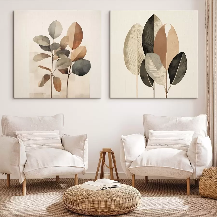 carta da parati Piante alte con foglie ovali dai toni tenui e forme rettangolari astratte nr. m30211