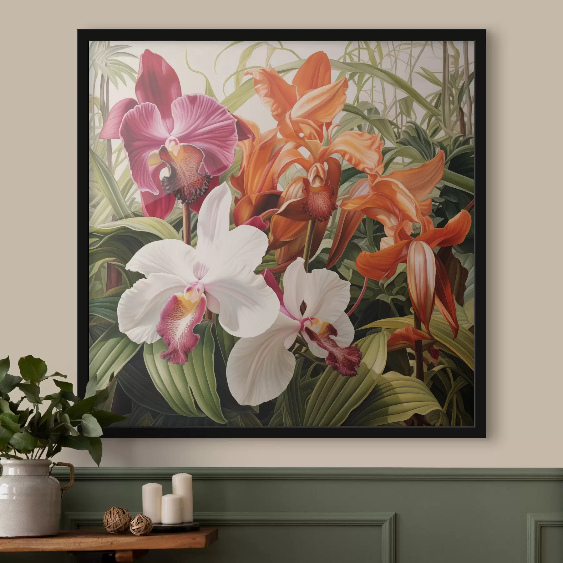 carta da parati Bouquet di fiori tropicali, orchidee con fogliame verde sullo sfondo nr. f48386