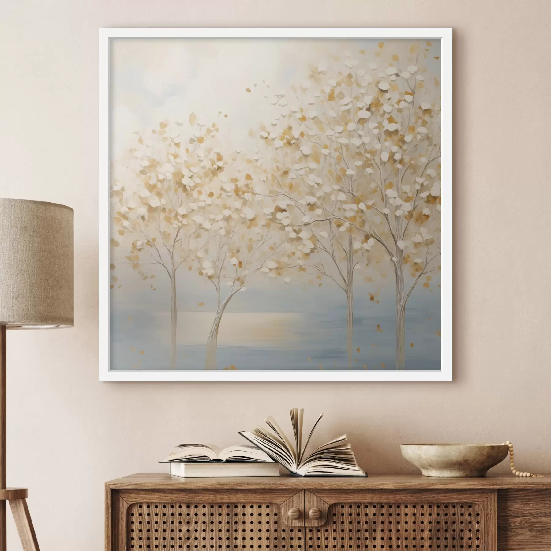 carta da parati Uno stile pittorico materico che raffigura alberi con foglie bianche e gialle su uno sfondo azzurro nr. f48392