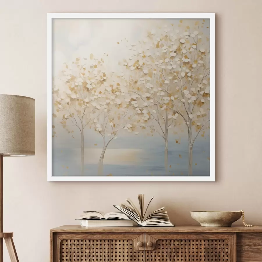 carta da parati Uno stile pittorico materico che raffigura alberi con foglie bianche e gialle su uno sfondo azzurro nr. f48392