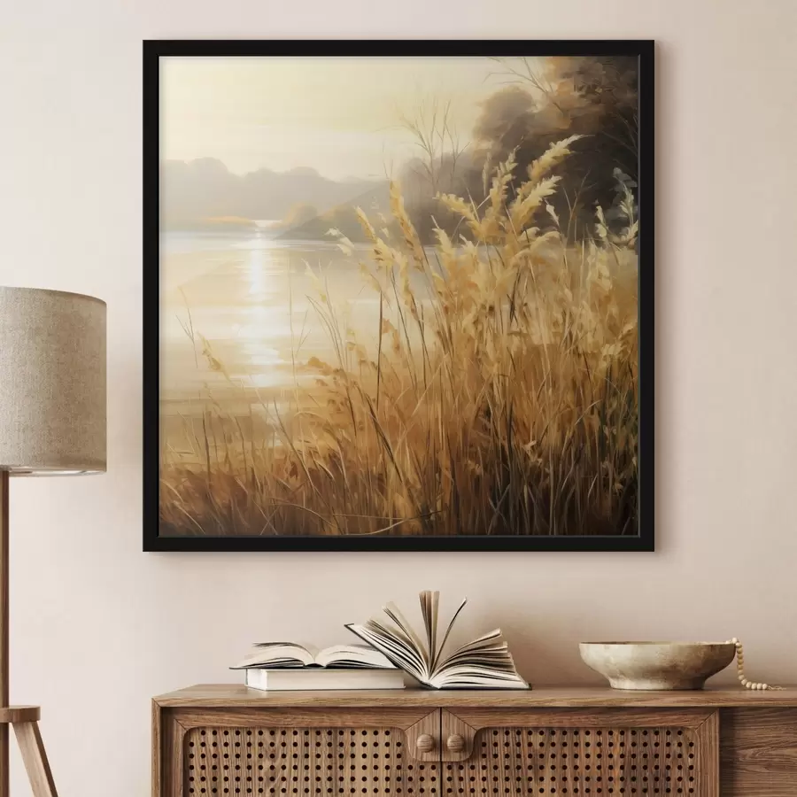 carta da parati In primo piano, erba alta e secca con spighette; sullo sfondo, un lago e degli alberi nr. f48393