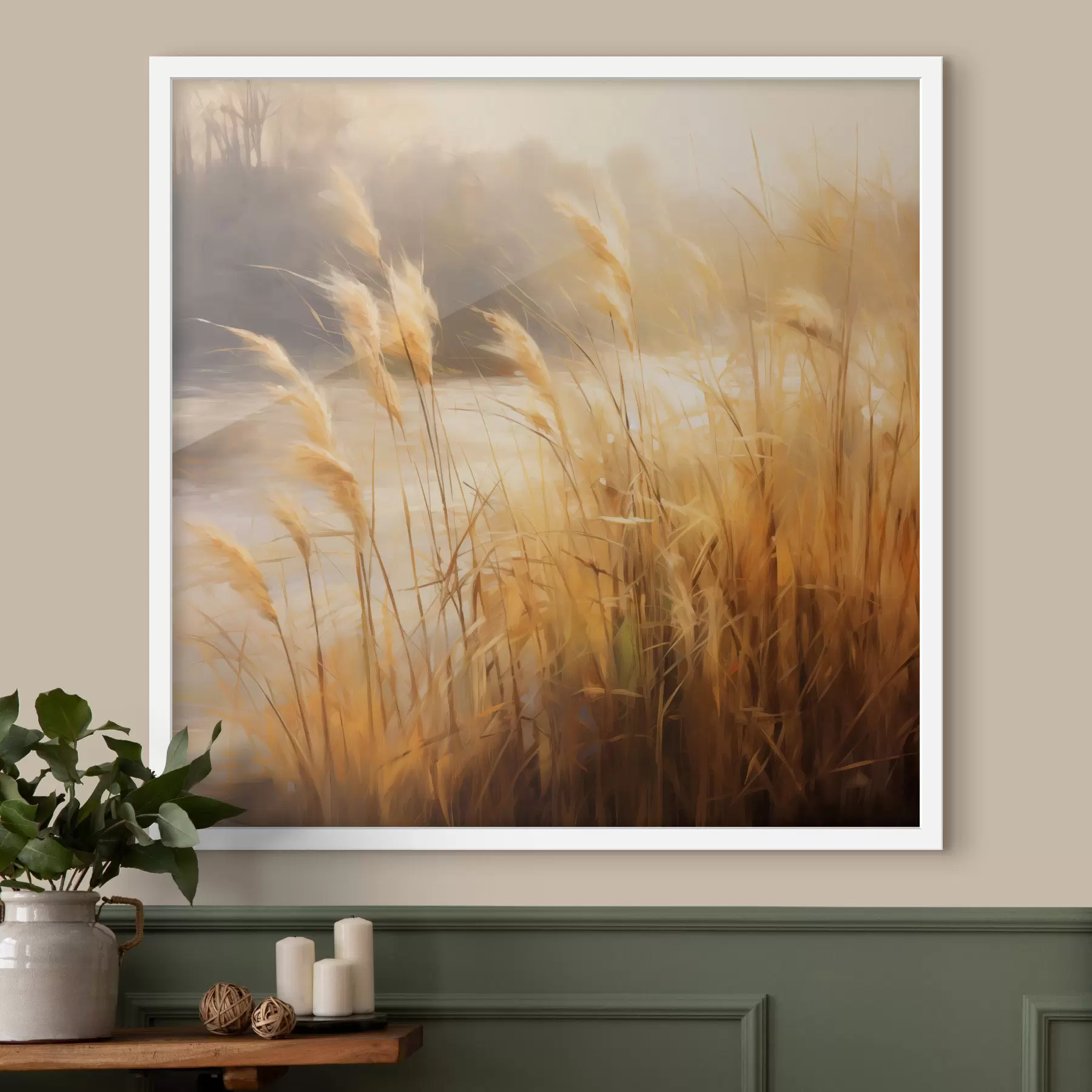 carta da parati In primo piano, erba alta e secca con spighette; sullo sfondo, un lago e degli alberi nr. f48394