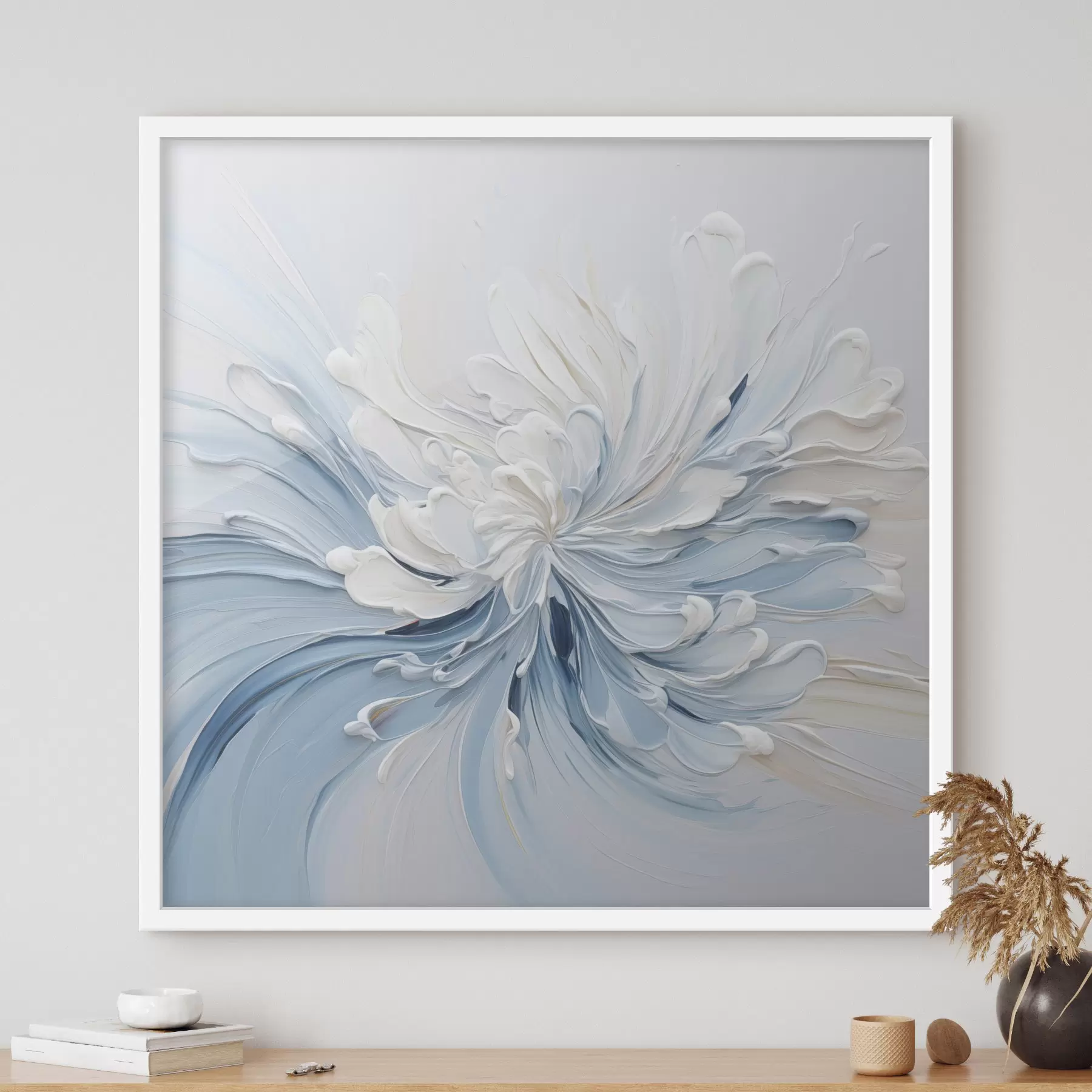 carta da parati Un motivo floreale astratto nei toni del bianco e dell'azzurro, con petali in rilievo e linee sinuose nr. f48396