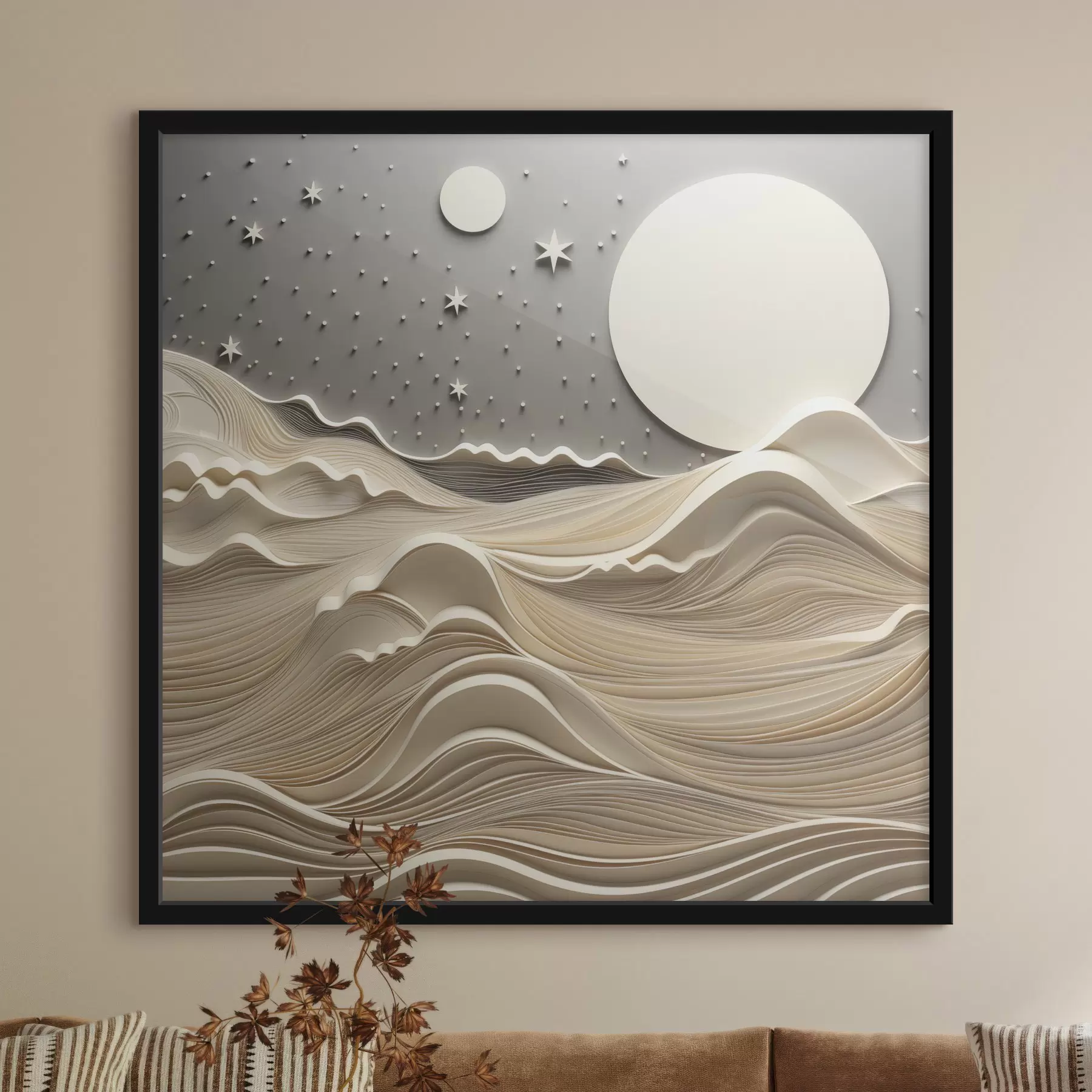carta da parati Un paesaggio minimalista e stilizzato con dolci colline e una grande luna in un cielo stellato, arte astratta nr. f48401