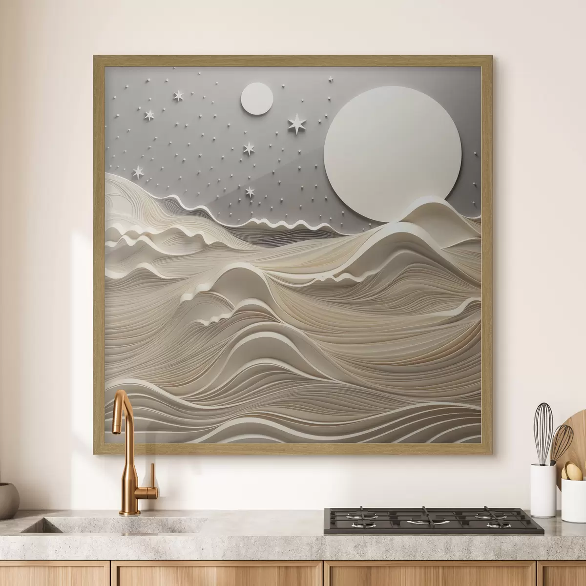 Poster Un paesaggio minimalista e stilizzato con dolci colline e una grande luna in un cielo stellato, arte astratta f48401