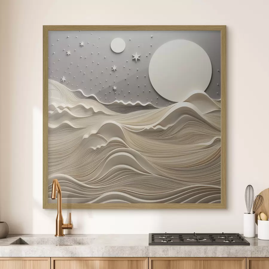 carta da parati Un paesaggio minimalista e stilizzato con dolci colline e una grande luna in un cielo stellato, arte astratta nr. f48401