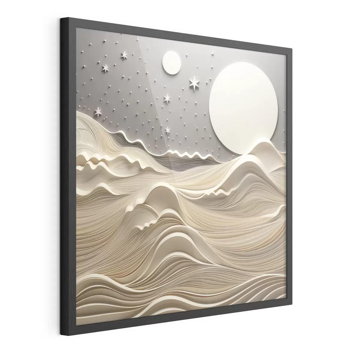 Poster Un paesaggio minimalista e stilizzato con dolci colline e una grande luna in un cielo stellato, arte astratta f48401
