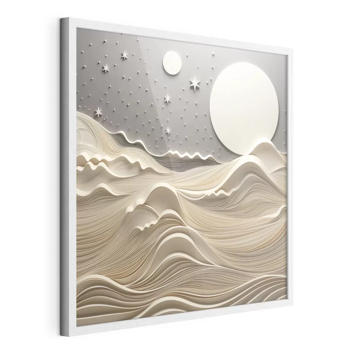 Poster Un paesaggio minimalista e stilizzato con dolci colline e una grande luna in un cielo stellato, arte astratta f48401