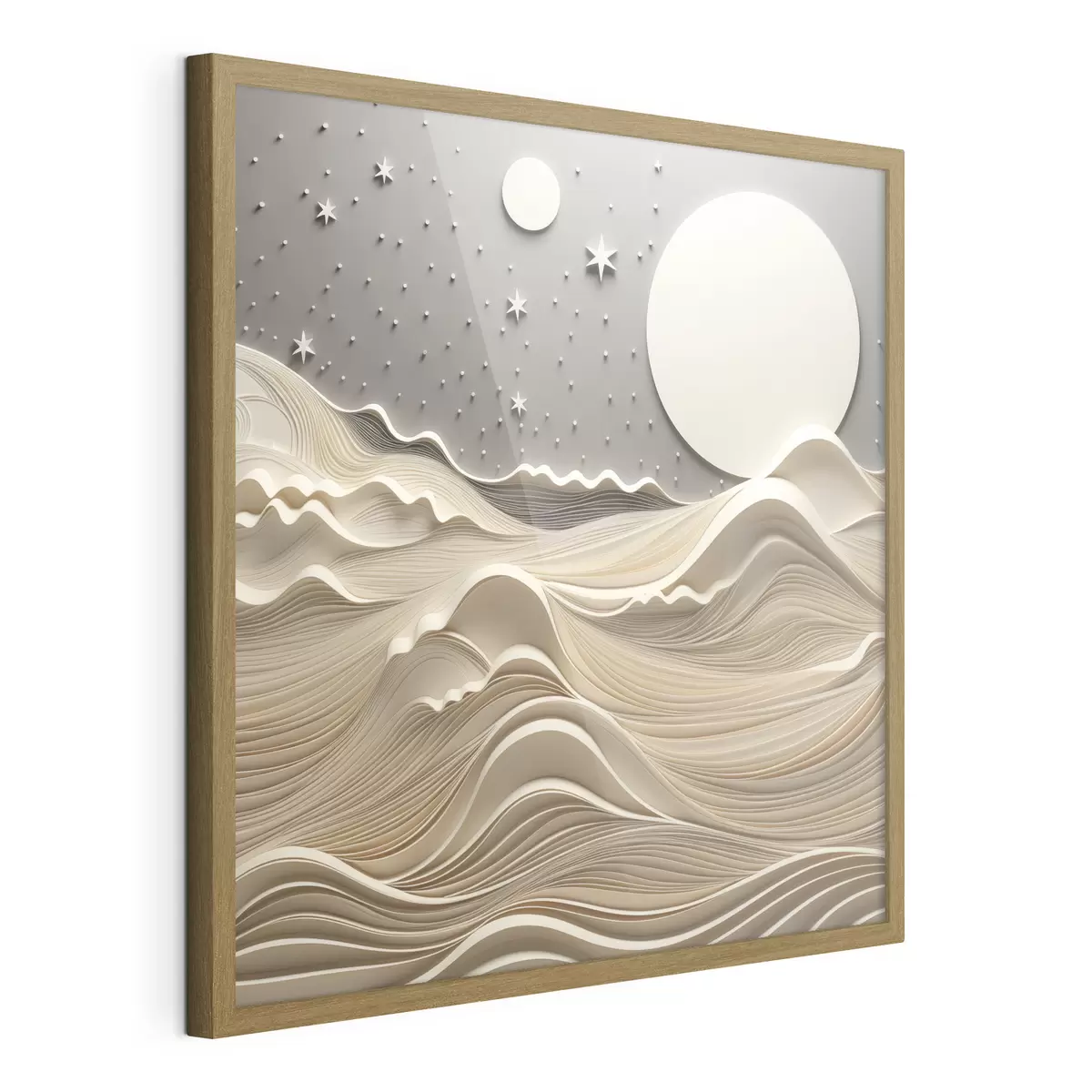 Poster Un paesaggio minimalista e stilizzato con dolci colline e una grande luna in un cielo stellato, arte astratta f48401