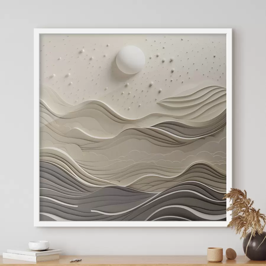 carta da parati Un paesaggio minimalista e stilizzato con dolci colline e una grande luna in un cielo stellato, arte astratta nr. f48402