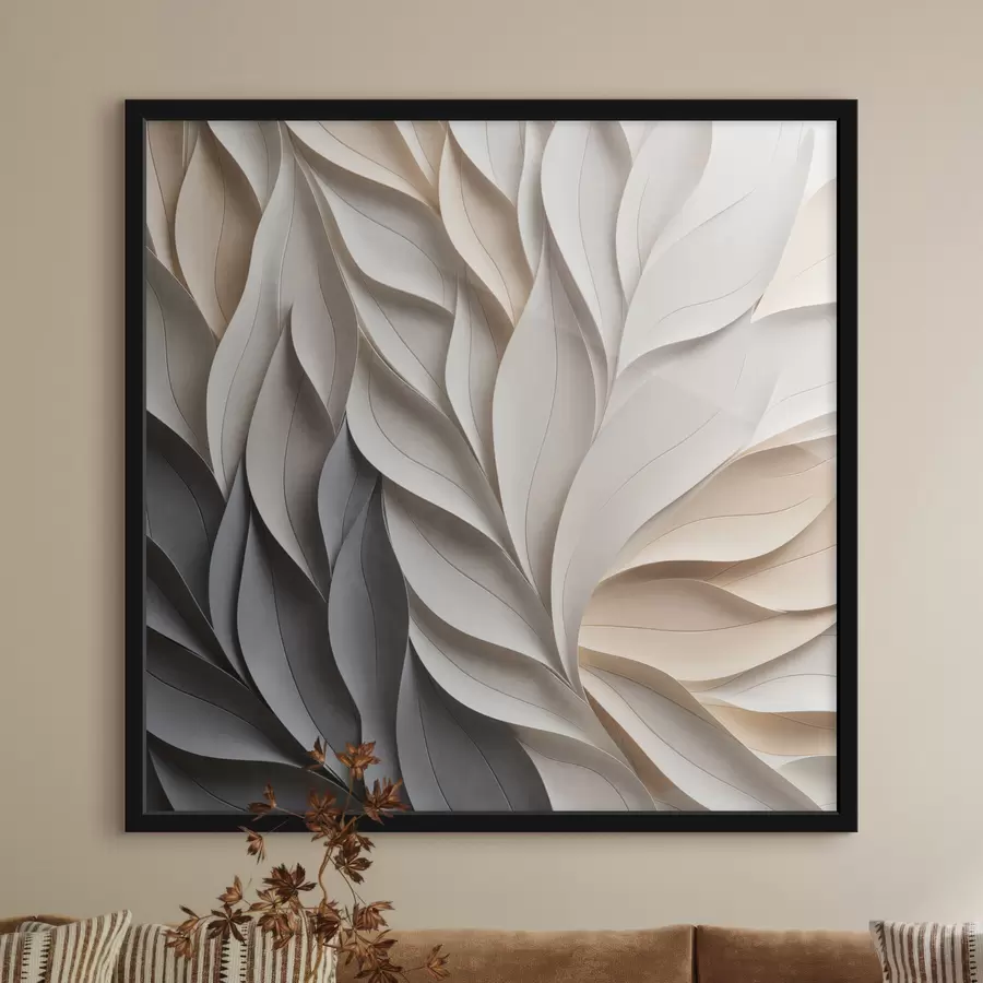 carta da parati Una composizione astratta di foglie sovrapposte con texture, nei toni neutri del beige, del crema e del grigio nr. f48407