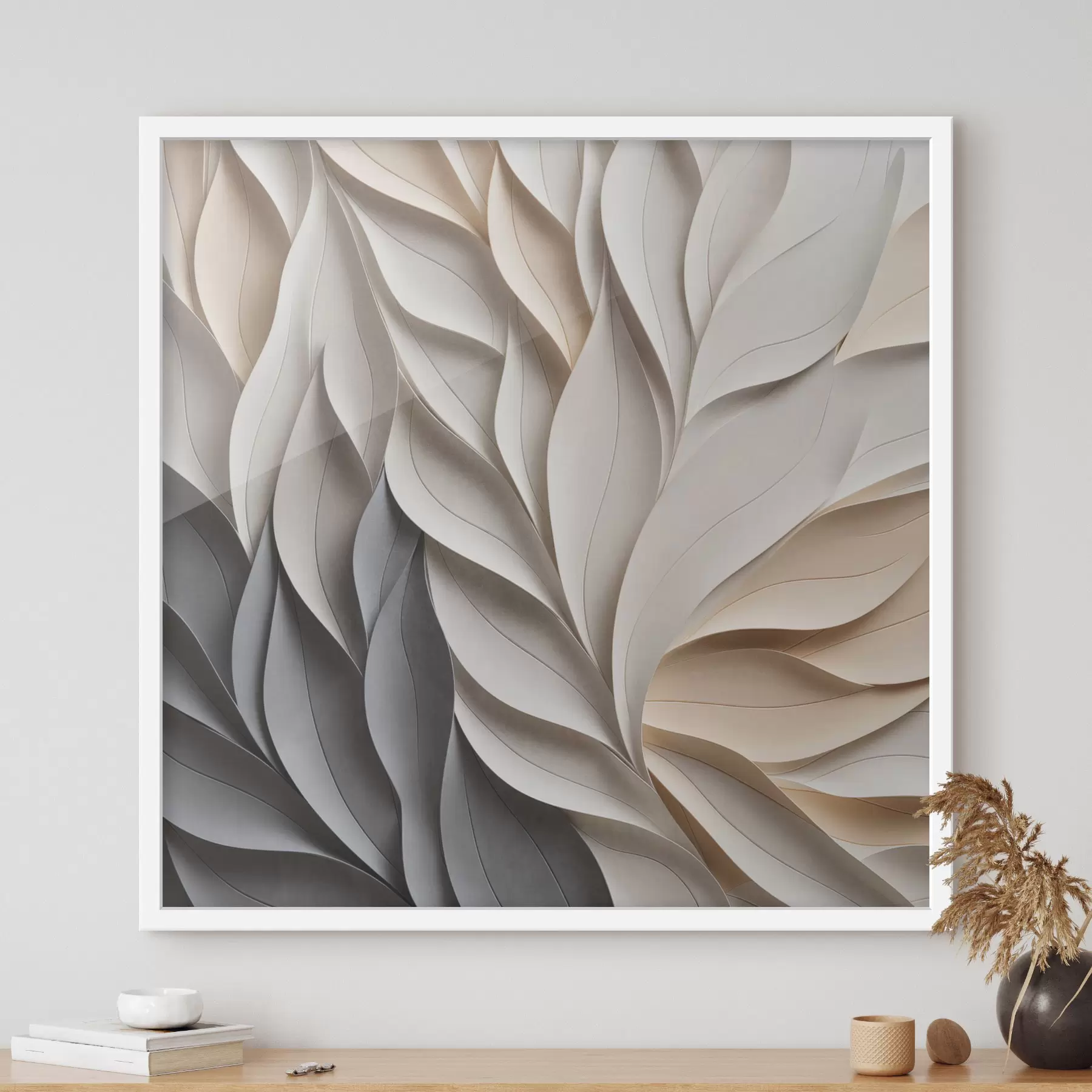 carta da parati Una composizione astratta di foglie sovrapposte con texture, nei toni neutri del beige, del crema e del grigio nr. f48407