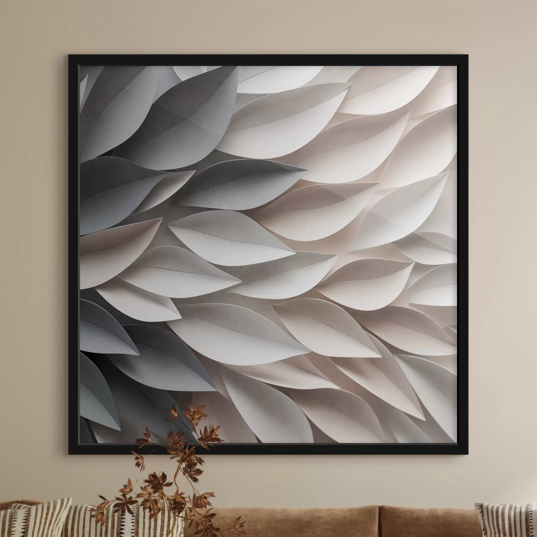 carta da parati Una composizione astratta di foglie sovrapposte con texture, nei toni neutri del beige, del crema e del grigio nr. f48408