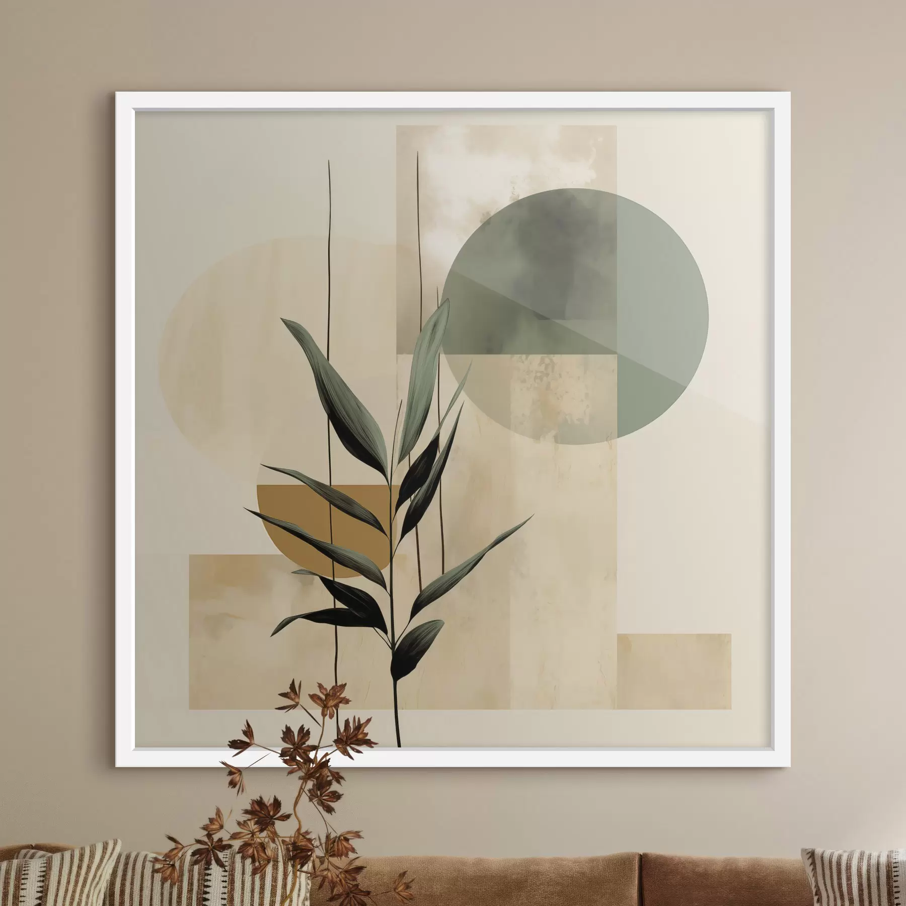 carta da parati Una pianta di colore verde scuro con forme geometriche astratte e texture acquerellate nei toni del beige e del verde nr. f48409