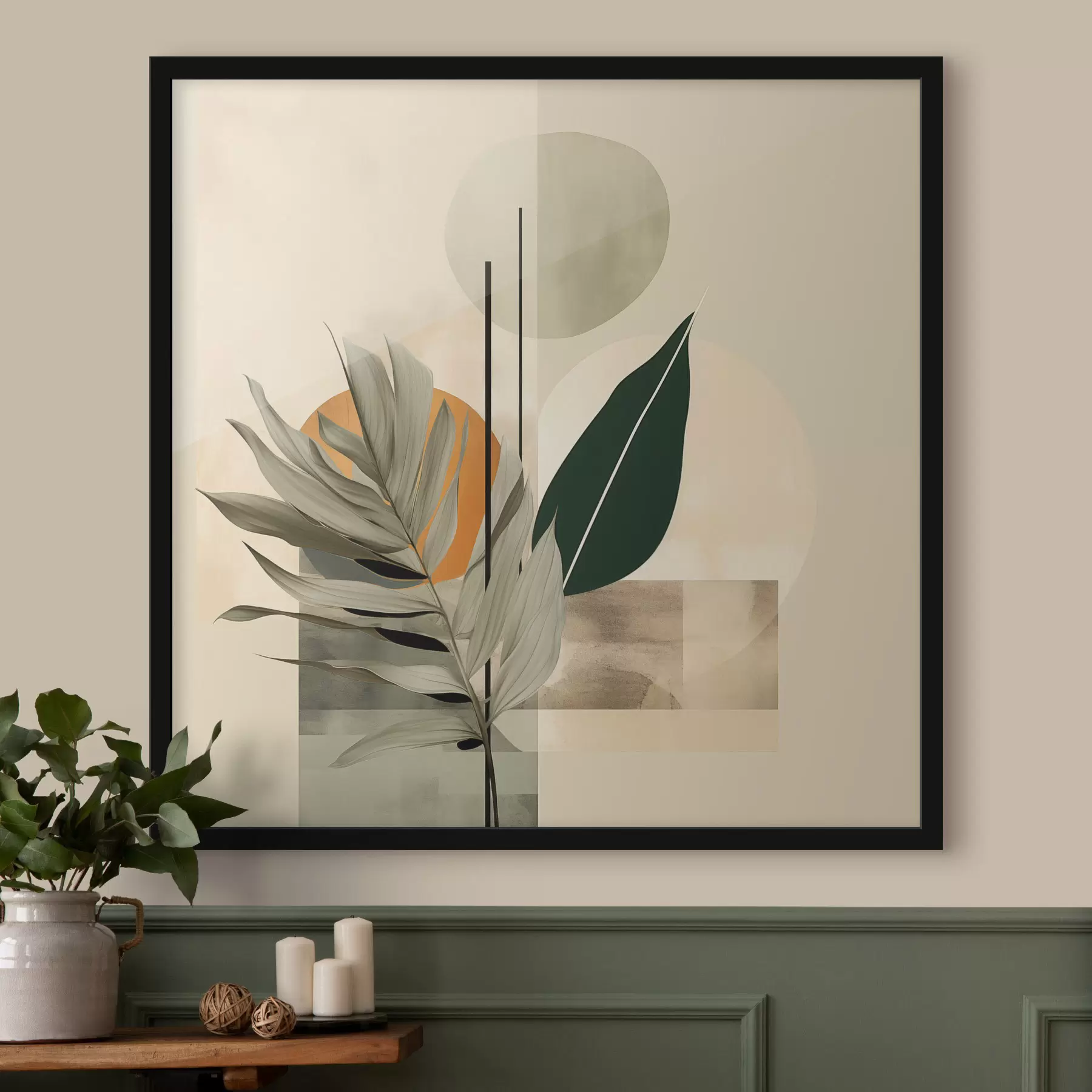 carta da parati Una pianta di colore verde scuro con forme geometriche astratte e texture acquerellate nei toni del beige e del verde nr. f48410